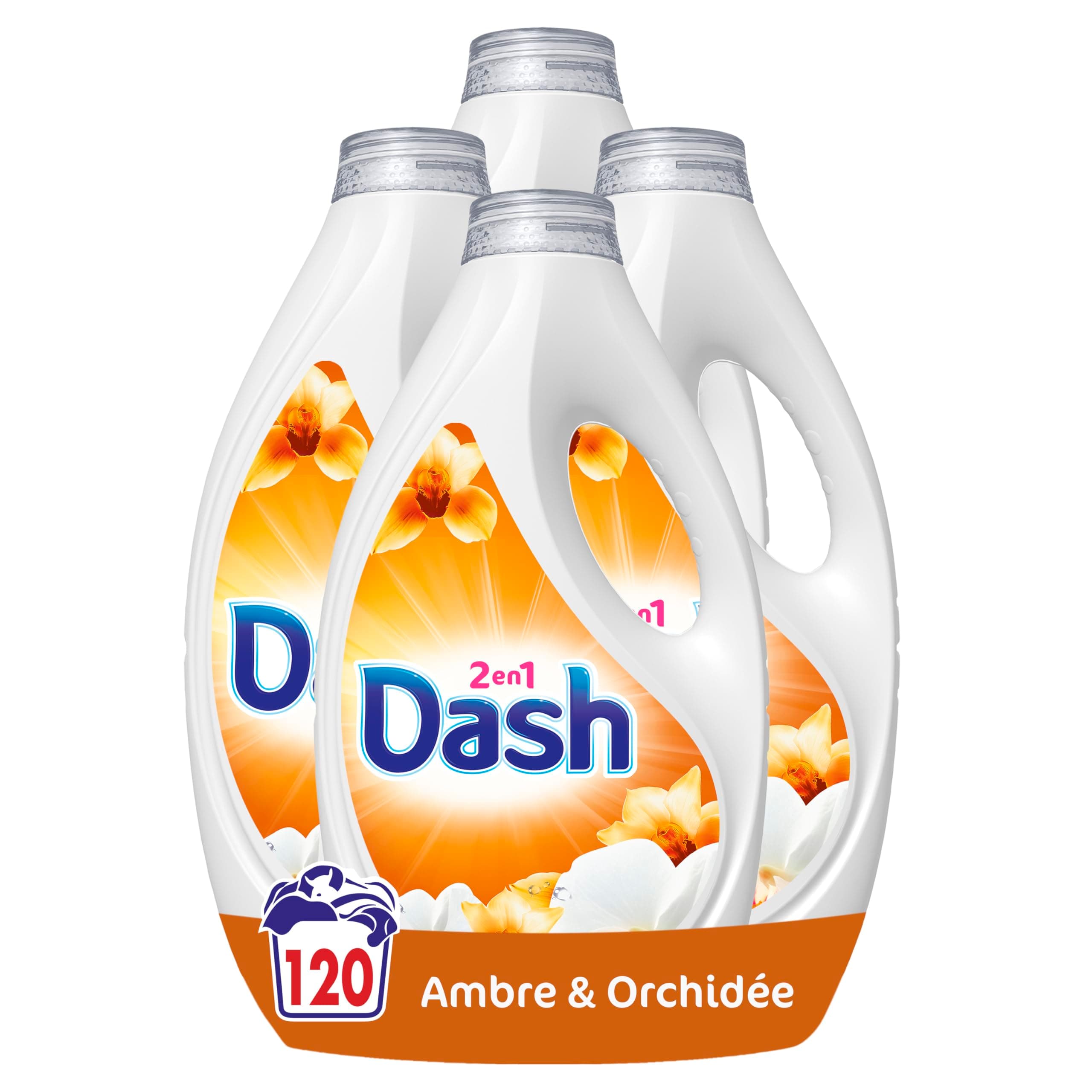Dash 2en1 Lessive Liquide, 120 Lavages (4X30), Parfum Ambre & Orchidée, Jusqu'à 3 Semaines de Fraîcheur, Fabriqué en France