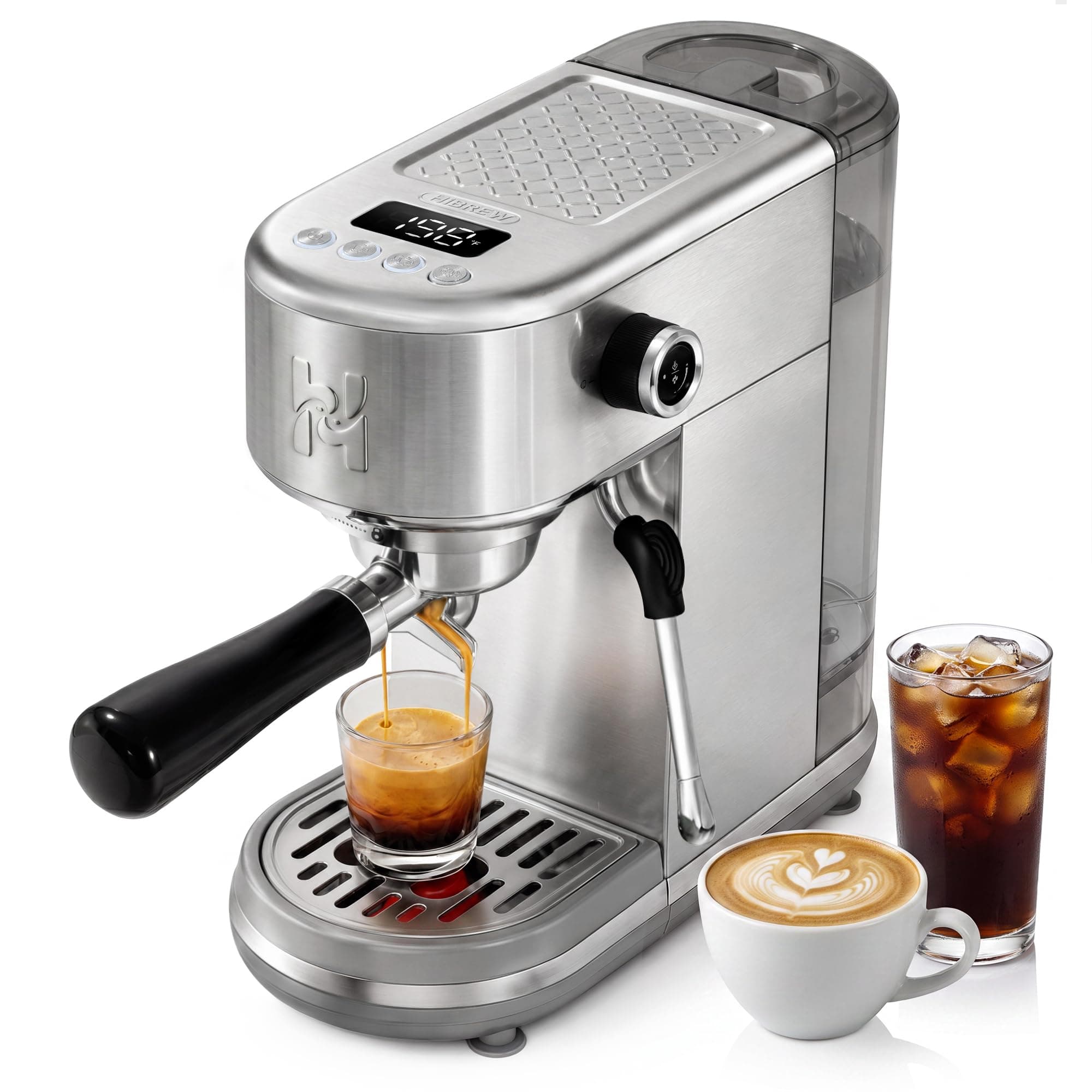 HIBREW H10B Lite Máquina de Espresso Programable con Pantalla LED | Cafetera Compacta de Acero Inoxidable 20 Bar con Espumador de Leche, Portafiltro 51mm para Capuchino y Latte