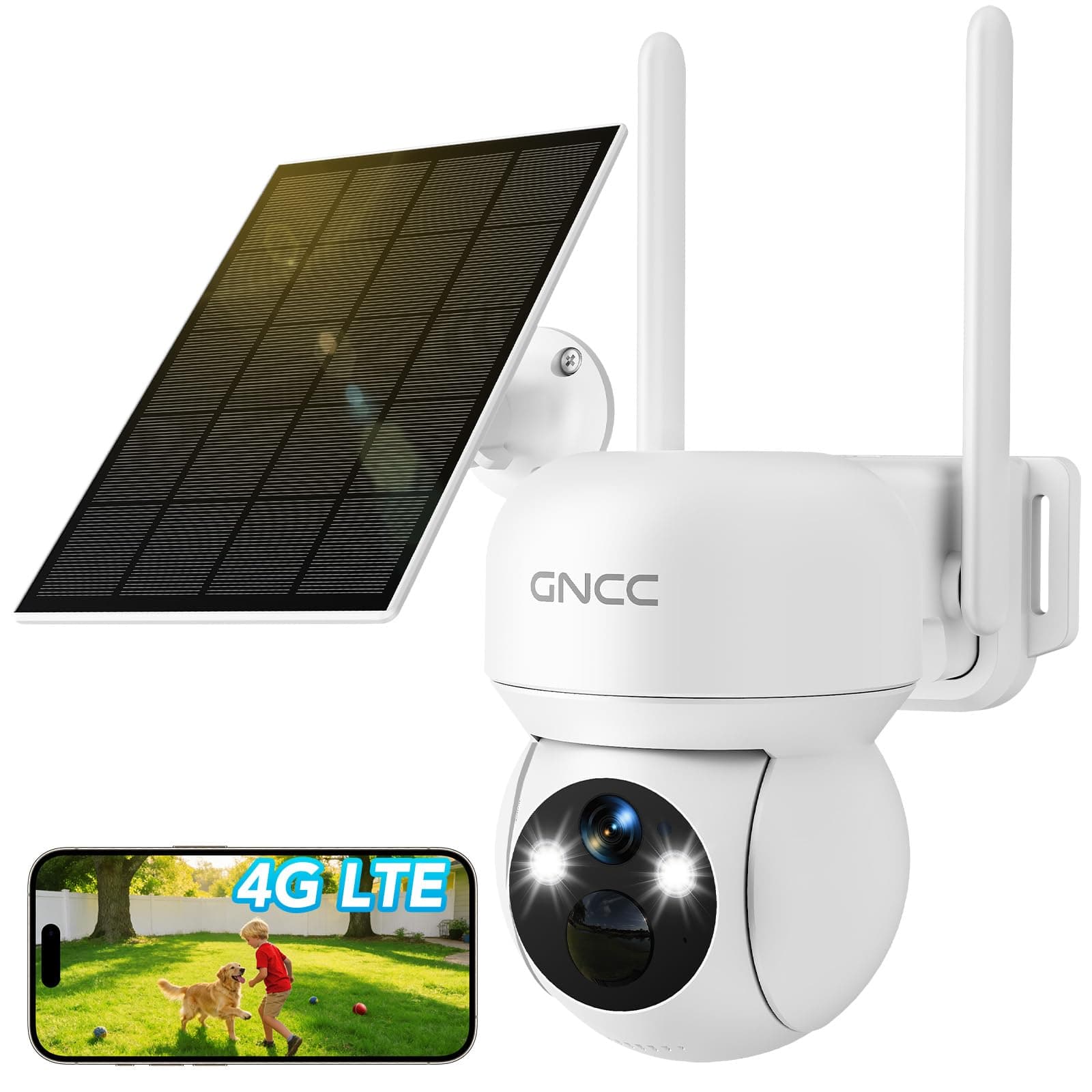 GNCC 4G LTE Telecamera Esterno Solare con SIM, Rilevamento del Movimento | 2K 3MP Telecamera Senza Fili con 7800mAh Batterie e SD Card, Audio Bidirezionale, Visione Notturna a Colori, IP65, 336°/90°