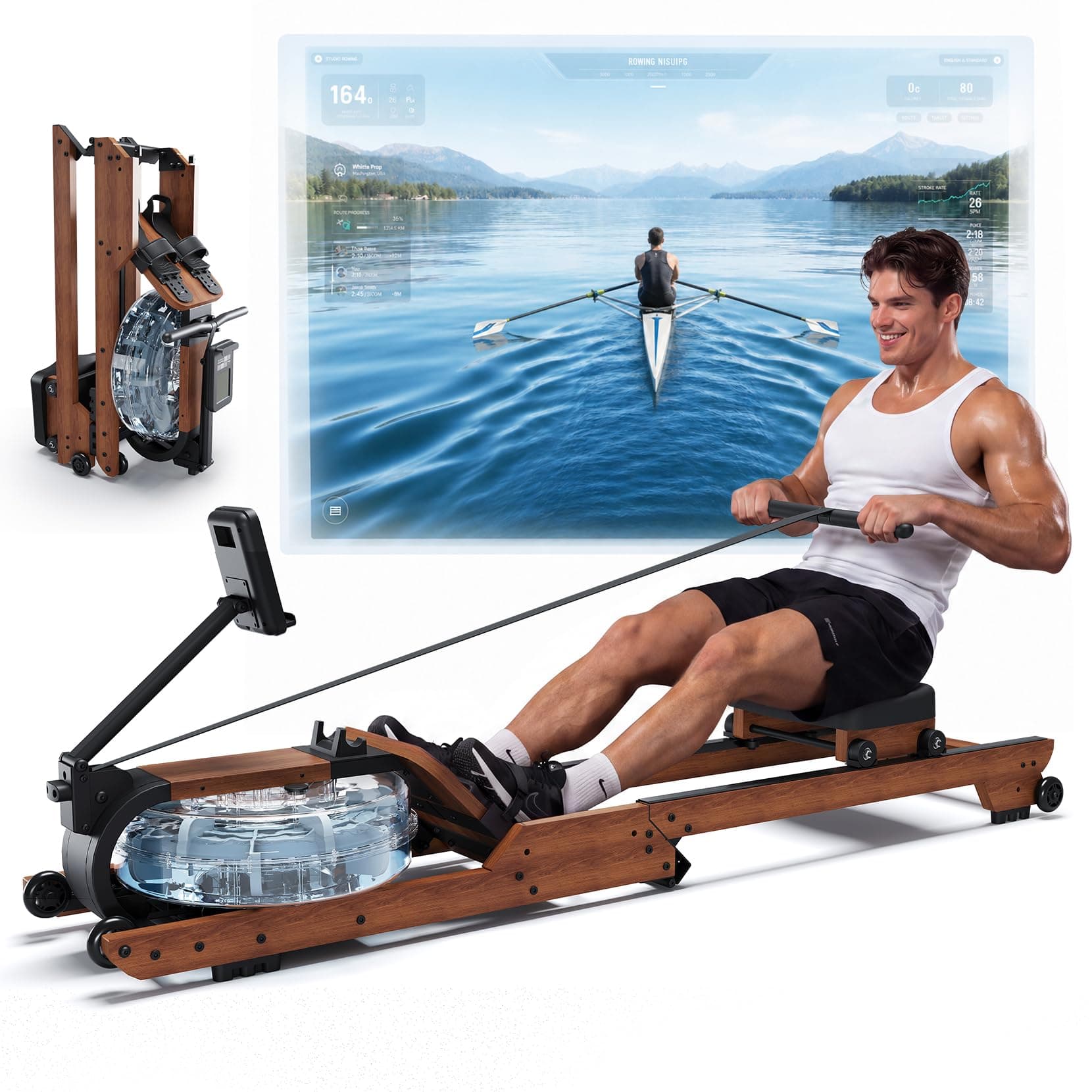 Vogatore a resistenza d'acqua in legno pieghevole con serbatoio da 14 L | Serbatoio da 14 L / 12 pale | Doppio binario da 125 cm | Sedile 33x26 cm | Bluetooth + App | 4 ruote | Pompa manuale | CE/FCC
