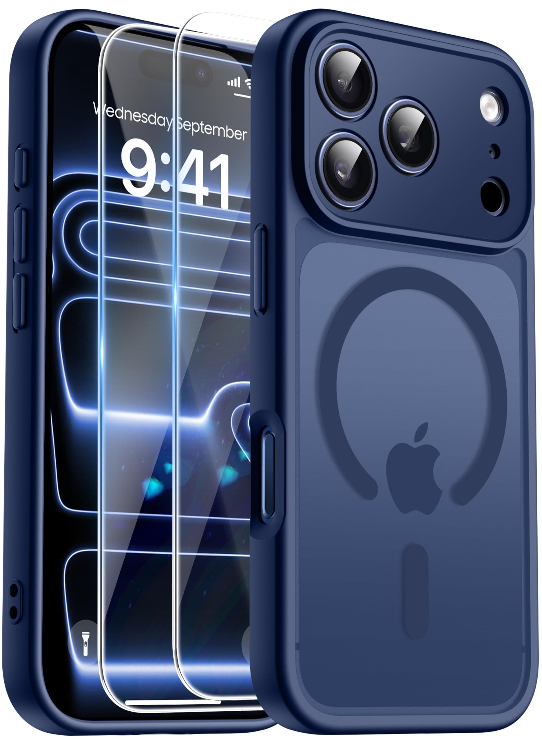 FLLAO Magnetica Cover per iPhone 17 Pro/iPhone 18 Pro, Blu Tempesta | Compatibile con MagSafe, con 2 Pezzi Vetro Temperato Pellicola, Protezione Fotocamera, Custodia Traslucida Opaca Antiurto