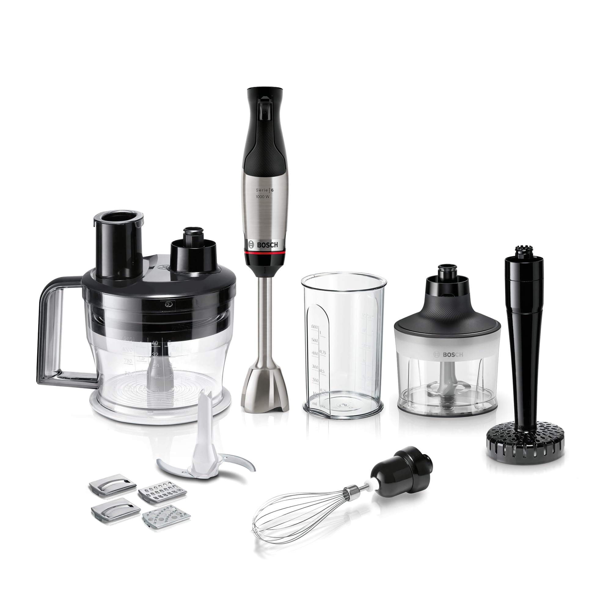 Bosch Stabmixer ErgoMaster Serie 6, 4 Edelstahl-Klingen, einhändig bedienbar, verschleißfreie Keramik-Kupplung, langlebig, Luftkühlung, Zerkleinerer, Kartoffelstampfer, Schneebesen, 1000 W, MSM6M673