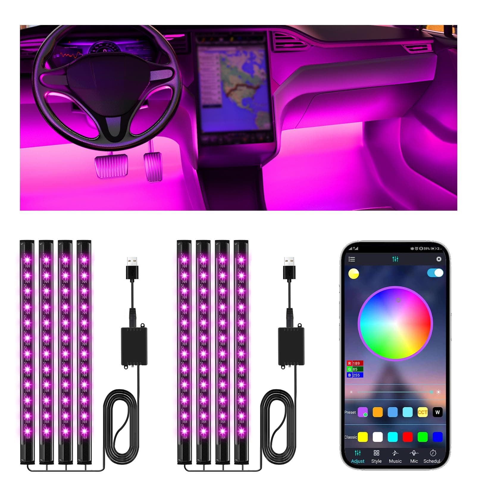 Winzwon Cadeau de Noël pour Homme Femme, LED Voiture Interieur, Accessoire Voiture Lampe, 16 Millions de Couleurs Car Accessories Contrôle APP(2)