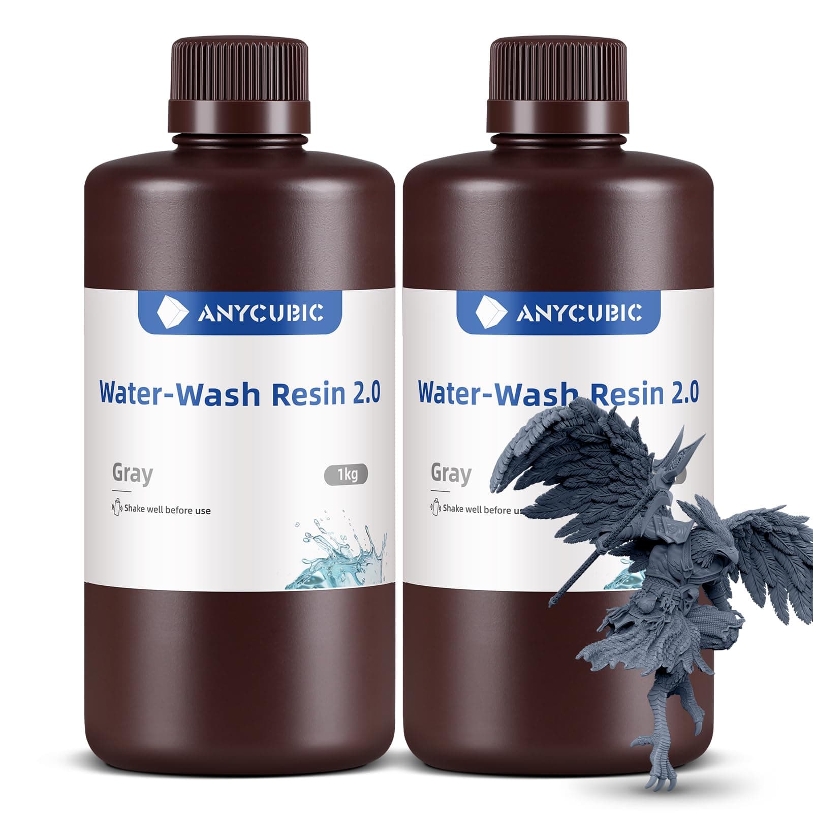ANYCUBIC Upgraded Water Washable Resin 2.0, 3D Drucker Resin Wasser Waschbar, Anti-Vergilbung, 405nm UV Resin Photopolymer Harz für alle Harz 3D Drucker, Grau 1000g, 2pcs