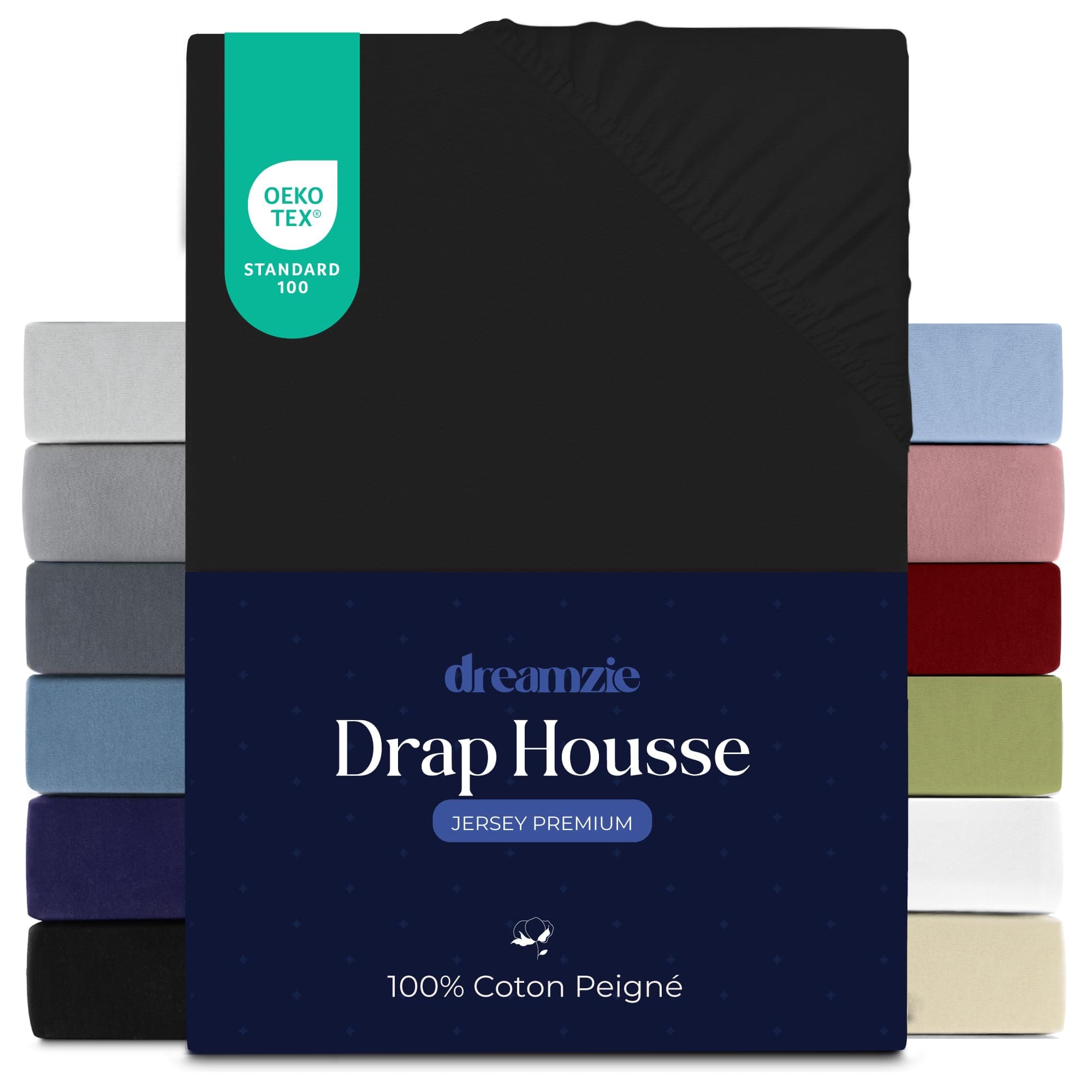 Dreamzie Drap Housse 180x200 cm, Jersey 100% Coton Premium, Hauteur De Matelas Jusqu'à 27 cm, Hypoallergénique, Oeko-Tex, Noir