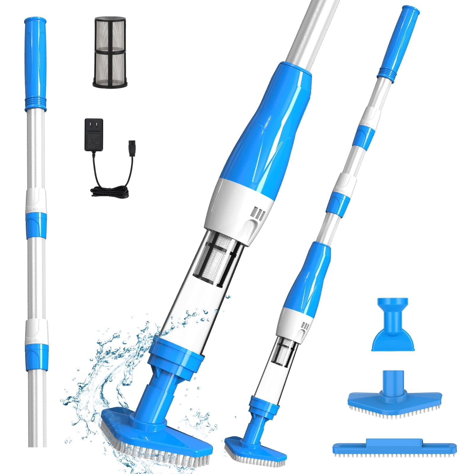 PoolyPoly 3 en 1 Limpiafondos Piscina Electrico, Aspiradora Piscina Manual | Aspirador de Piscina sin Cable con Batería para Spas, Piscinas Pequeñas, Tiempo de Ejecución 90 Minutos, Azul