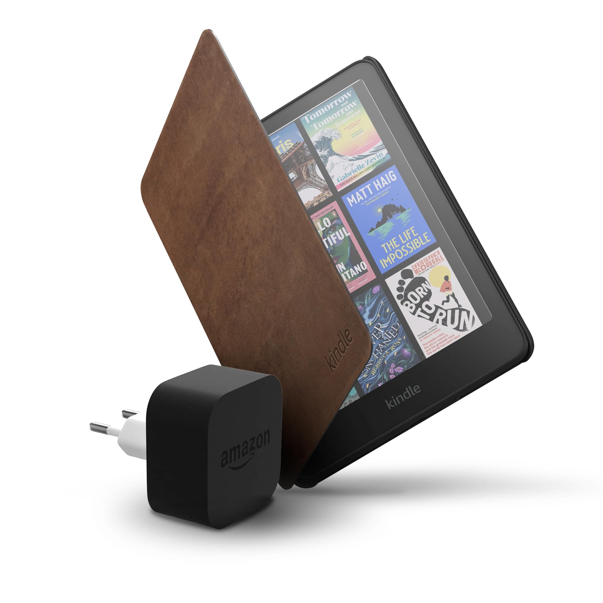 Amazon Kindle Colorsoft 16 GB + Funda café de piel prémium + Adaptador de 9 W