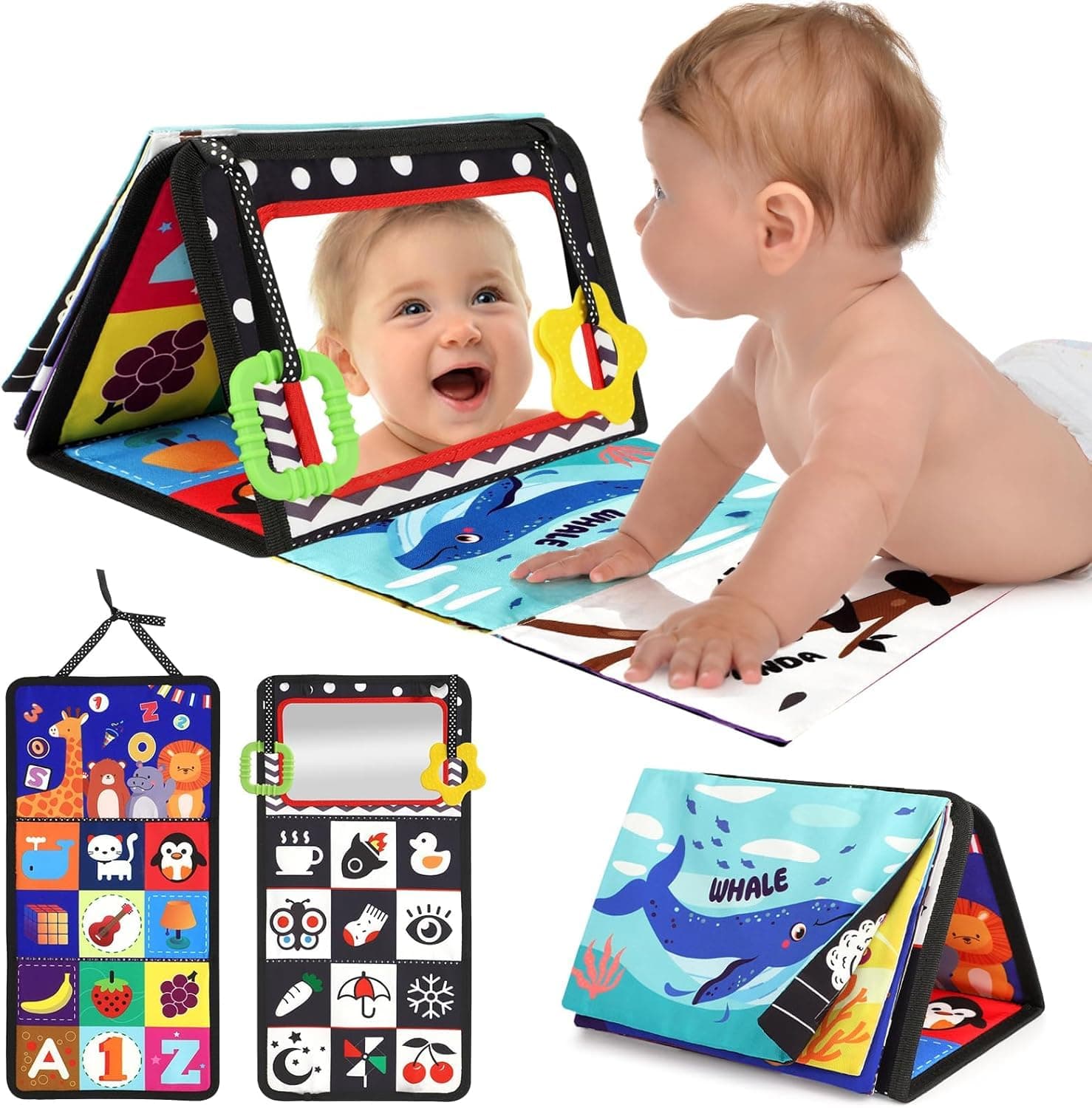 URMYWO Juguetes Bebés Libro Bebé Montessori Plegable Tummy Time con Espejo Mordedor y Patrones Contraste Blanco Negro - Bebés 0-12 Meses Niños Niñas
