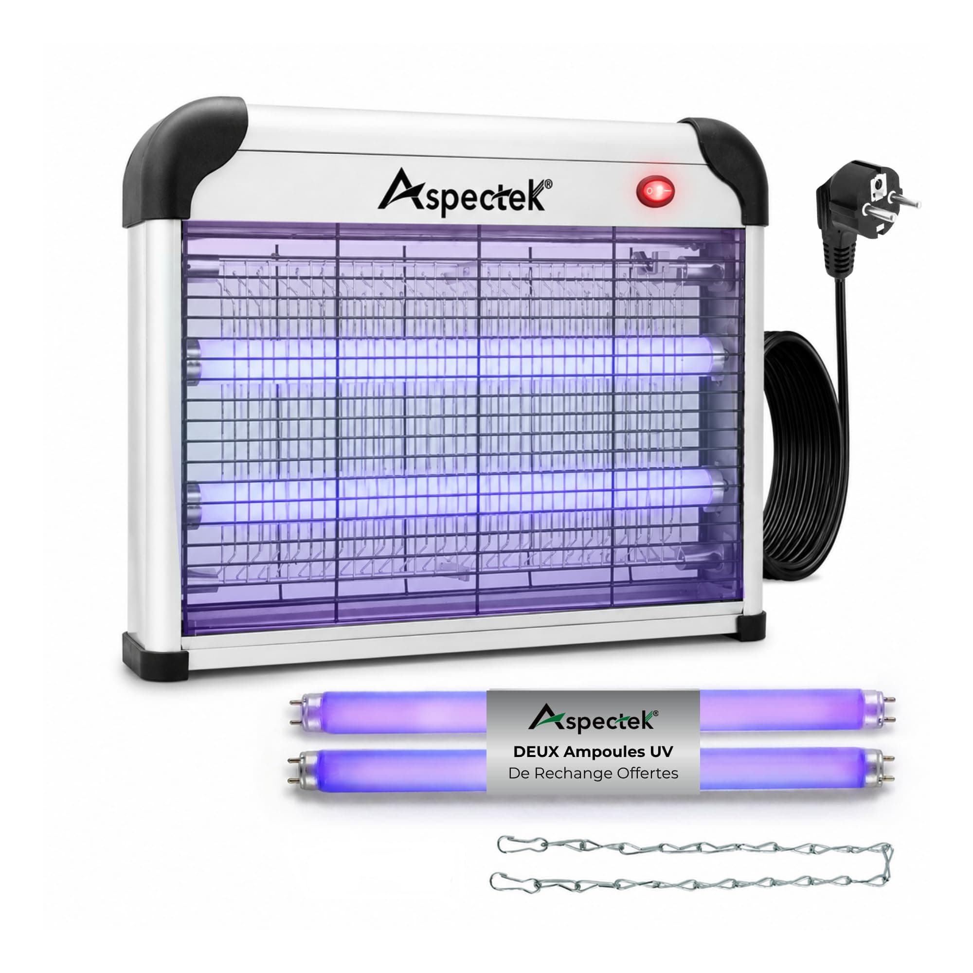 ASPECTEK Tue-Insectes Électrique 20W UV, 2800V Piège à Insectes pour Moustiques, Mouches, Moucherons et Mites, Intérieur et Espaces Extérieurs Couverts, Patio, Jardin et BBQ, 2 Ampoules UV Incluses