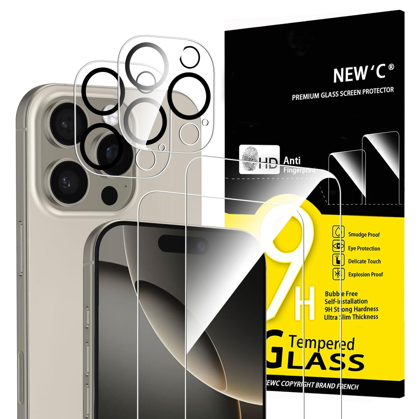 NEW'C Kit de 4, 2 x Verre Trempé pour iPhone 16 Pro (6,3 Pouces) et 2 x Protection Caméra Arrière - Anti Rayures - sans Bulles d'air -Ultra Résistant - Dureté 9H Glass