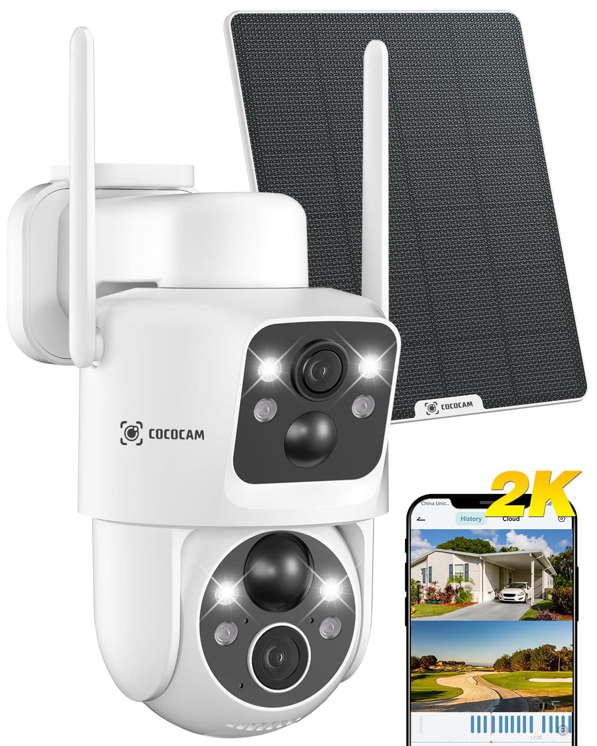 COCOCAM 2K Camara Vigilancia WiFi Exterior Solar con Lentes Duales PIR, Sin Cable, Batería 10000mAh, 355°P 90°T, Análisis de IA, Panel Solar 6W, IP66, 2.4G WiFi