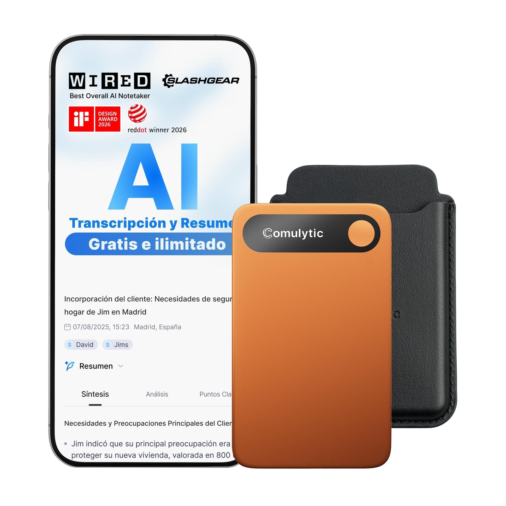 Comulytic Note Pro Grabadora de Voz IA, Grabadora Voz 64GB con Funda, Transcripción IA y Resúmenes Ilimitados, Control por App, 113 Idiomas Diseñada para Lección, Reuniones y Llamadas, Naranja
