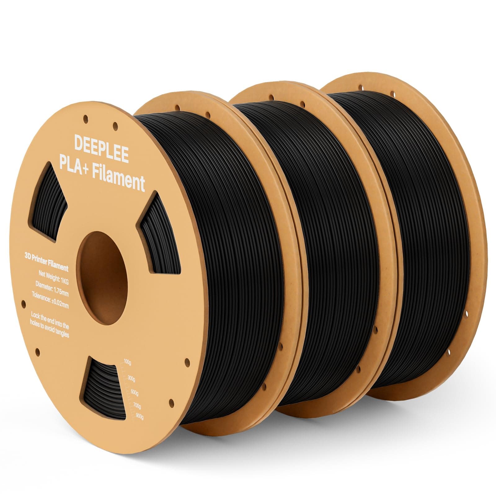 DEEPLEE Filamento PLA+ 1.75 mm, Kit 3 Bobinas Negro (3kg). Mayor Resistencia y Dureza. Precisión ±0.02 mm, Sin Atascos. Compatible con FDM.