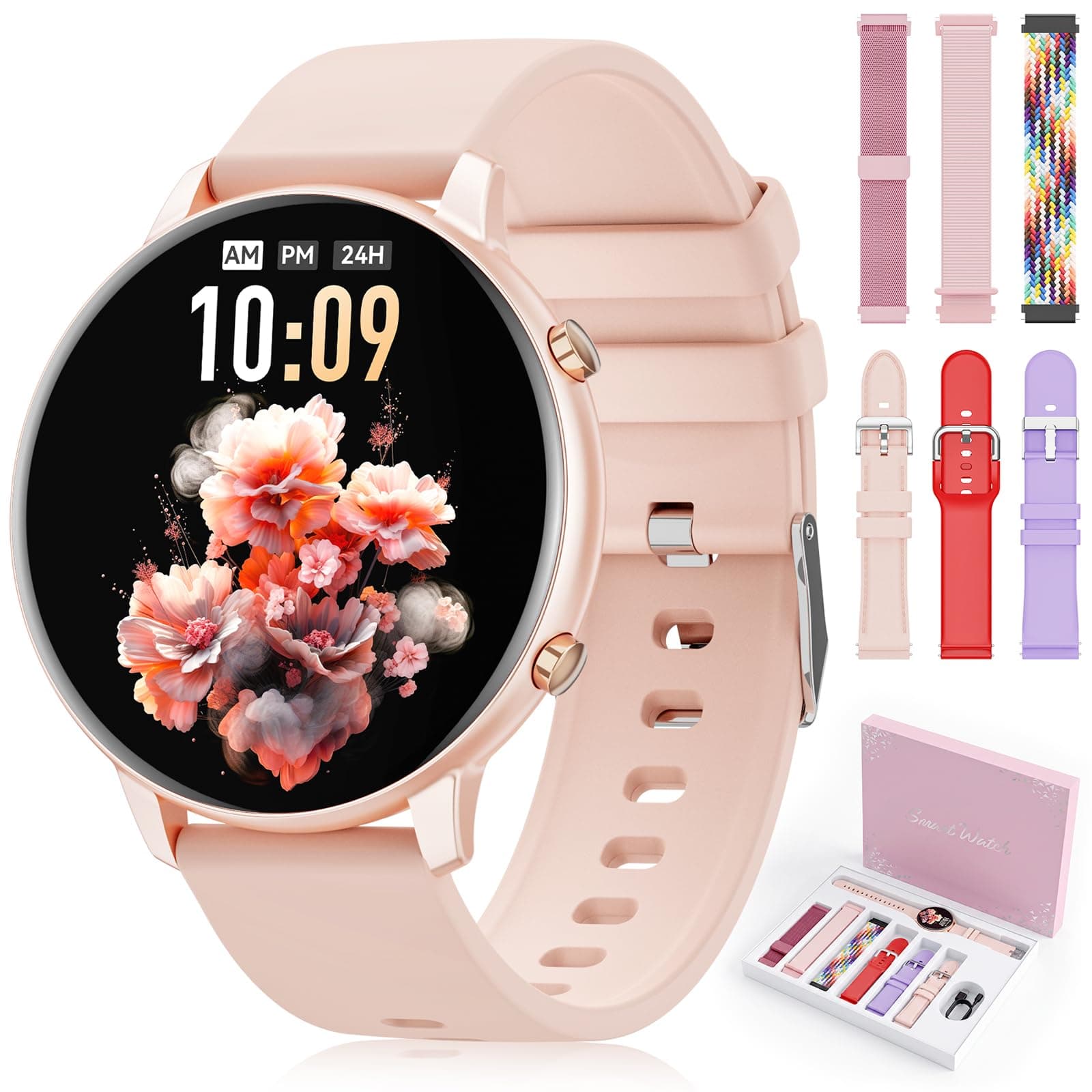 Montre Connectée Femme, 1.39'' HD Smartwatch 7 Bracelets et Coffret Cadeau | Appel Bluetooth, Cardiofrequencemetre, Sommeil, SpO2, 100+ Sportifs, IP67 Etanche, Fitness Podomètre pour Android iOS