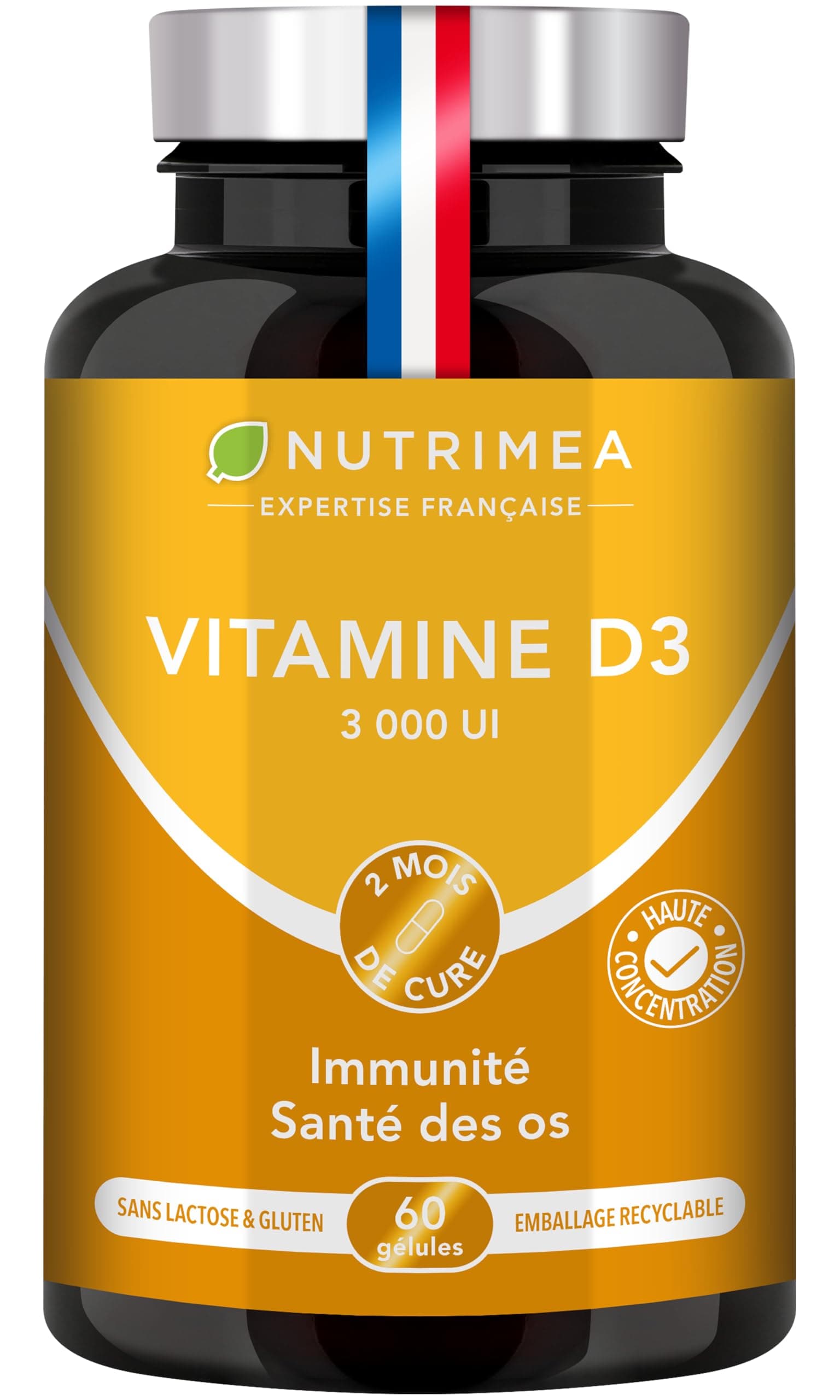 VITAMINE D3 – 100% Pure – 3000 UI – 75 μg de Cholécalciférol – 1500% des Apports Journaliers – Santé des Os & des Dents – Immunité – 60 Gélules – 2 mois – Nutrimea – Fabriqué en France