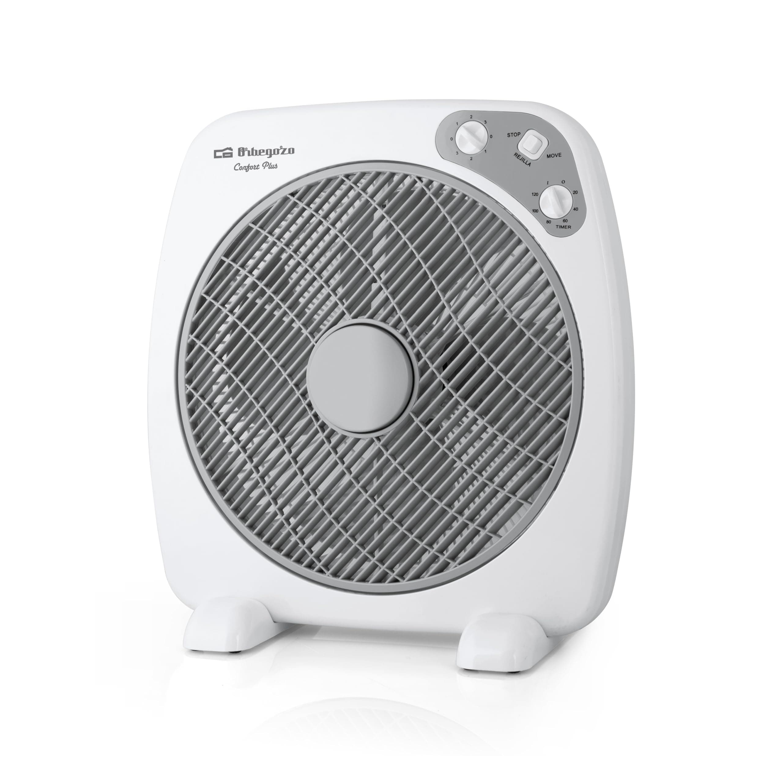 Orbegozo BF 0140 - Ventilador Box Fan con 3 velocidades de ventilación, difusor rotativo, función temporizador de 2 horas, tamaño aspas 40 cm, 60 W, Blanco