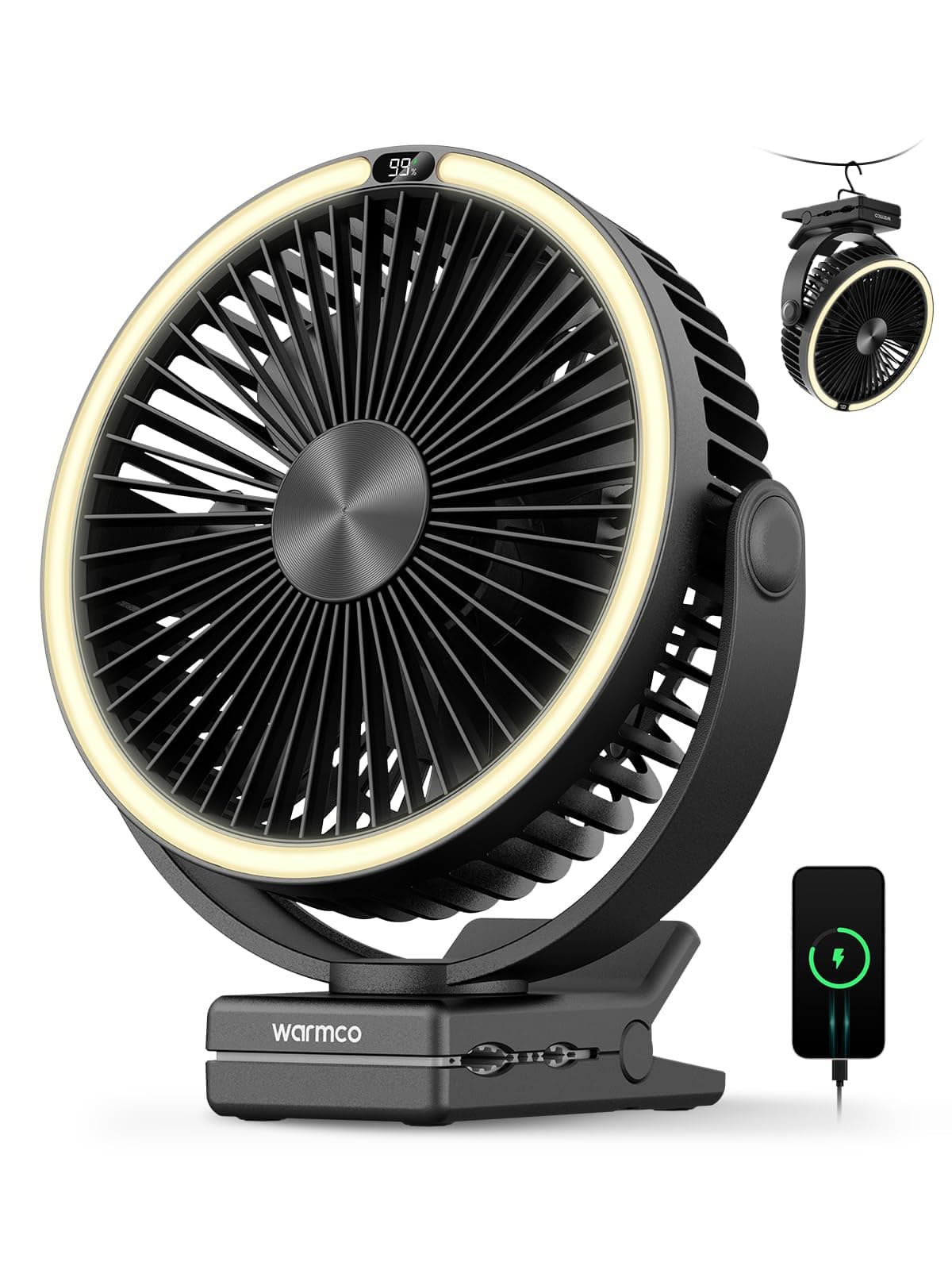 Warmco Ventilateur portable rechargeable à clip de 15000mAh, ventilateur de bureau alimenté par batterie de 20,3 cm, lanterne LED et crochet, rotation à 360° et 4 vitesses avec fort débit d'air pour