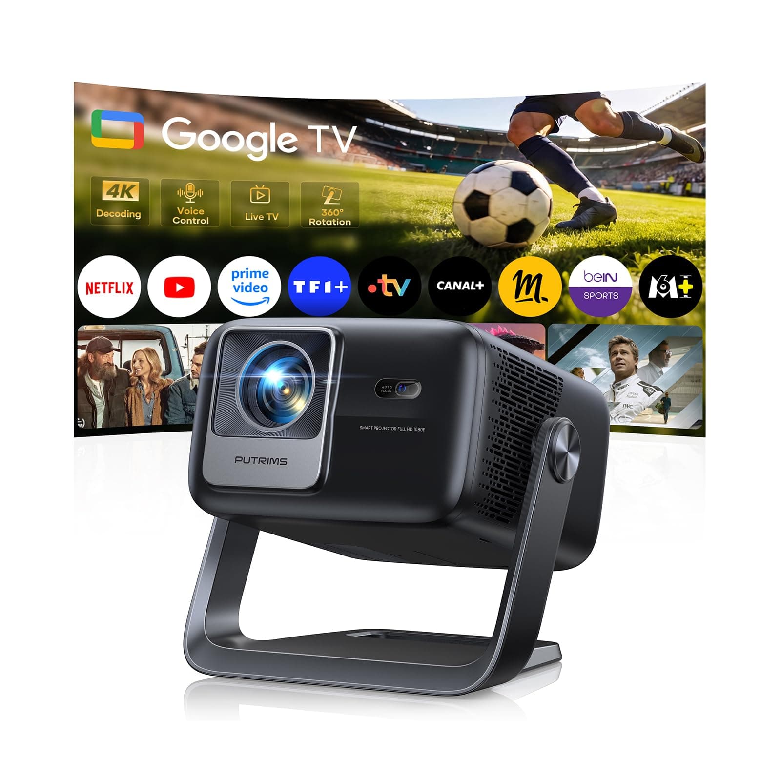 Vidéoprojecteur 4K【Google TV/36W Speaker/1300 ANSI】 Rétroprojecteur Home Cinéma 4K Auto Focus/Keystone Rotatif 360°, Courte Focale, Contrôle Vocal, HDR10 Projecteur Extérieur WiFi6 Bluetooth FHD1080P