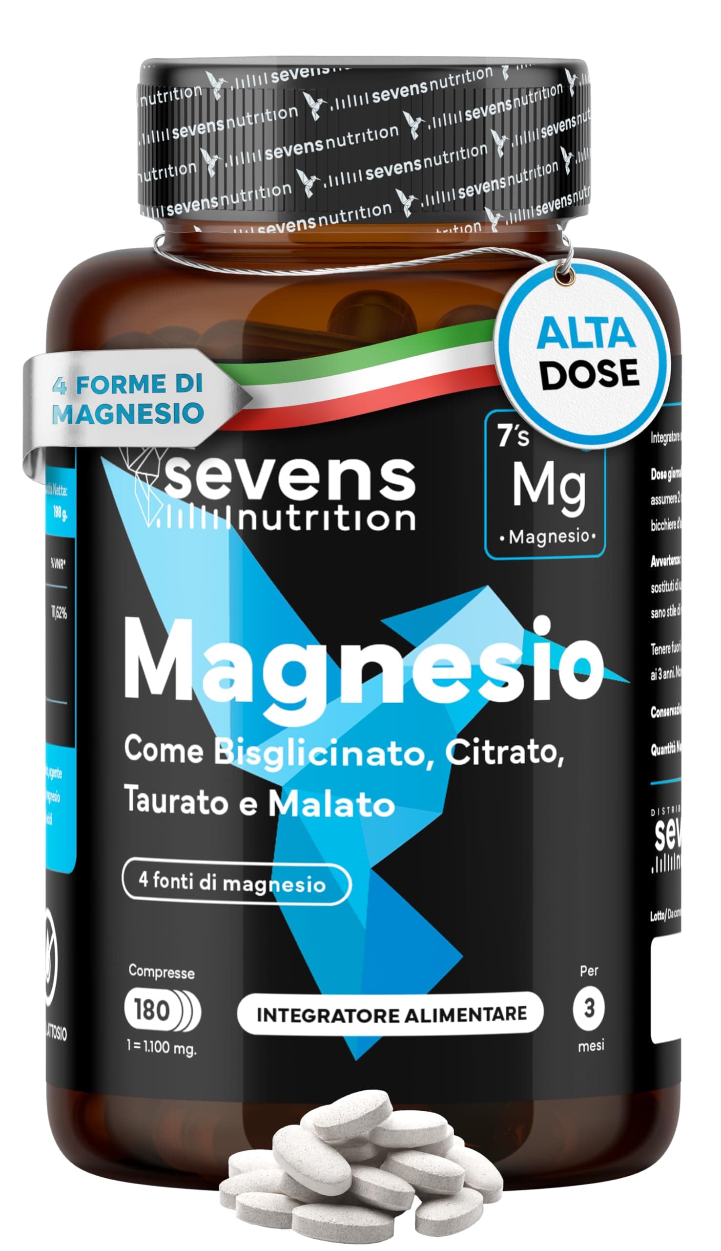 Magnesio Bisglicinato + Citrato, Malato e Taurato - Magnesio Completo 4 in 1 - Forma Chelata - 418 mg - Alta Biodisponibilità - Riduce Stanchezza e Affaticamento - 180 Compresse - Sevens