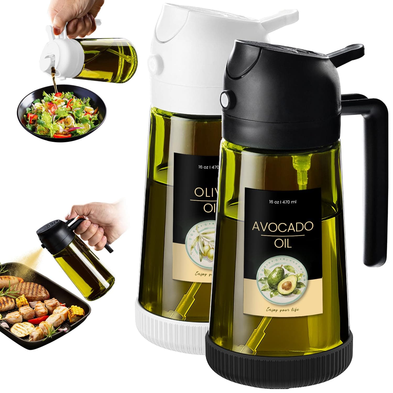 TrendPlain Spray Huile Cuisine 470ml – Vaporisateur Huile Air Fryer 2-en-1 pour Cuisson, Salades, Vinaigre et Accessoire Cuisine (Lot de 2, Noir & Blanc - 1)
