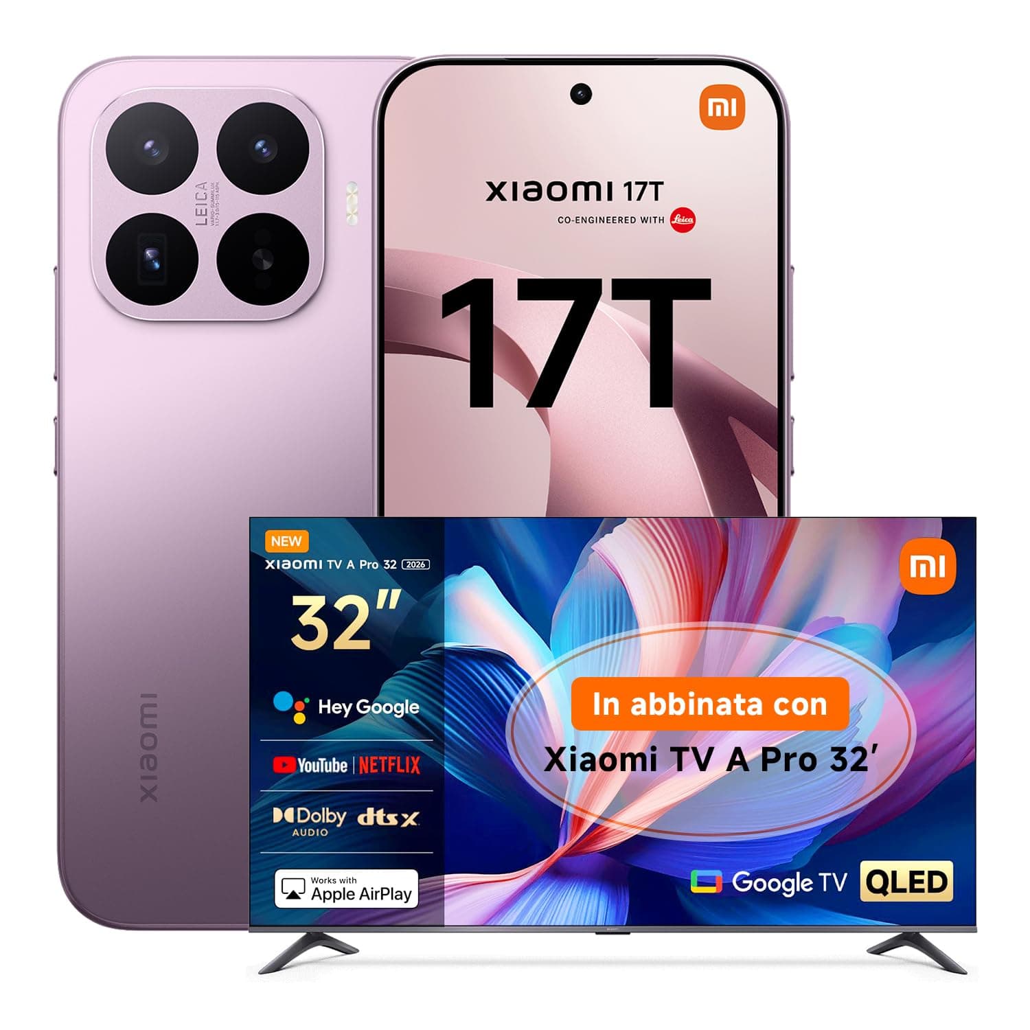 XIAOMI 17T, Smartphone 12+512GB, Display Eye-Care da 6,59" 120Hz, Batteria da 6500mAh(typ), Teleobiettivo Leica 5x, 67W HyperCharge, MediaTek Dimensity 9500, Violet, Garanzia 3 anni TV A PRO 32