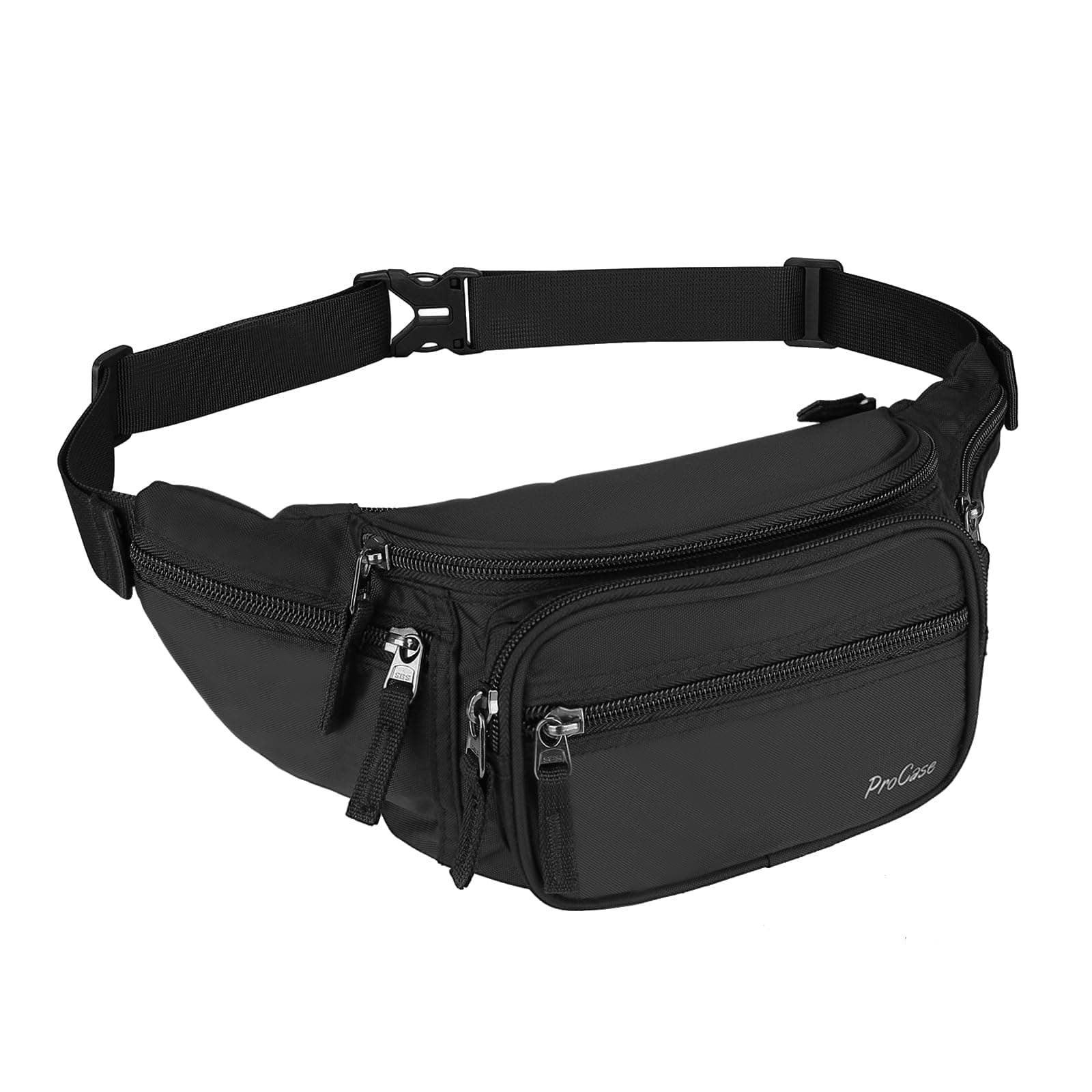 ProCase Marsupio Uomo Nero con 6 Tasche, Marsupio da Lavoro Sportivo Viaggio Trekking, Fanny Pack Bag in Nylon con Cinturino Regolabile e Fibbia a Sgancio Rapido