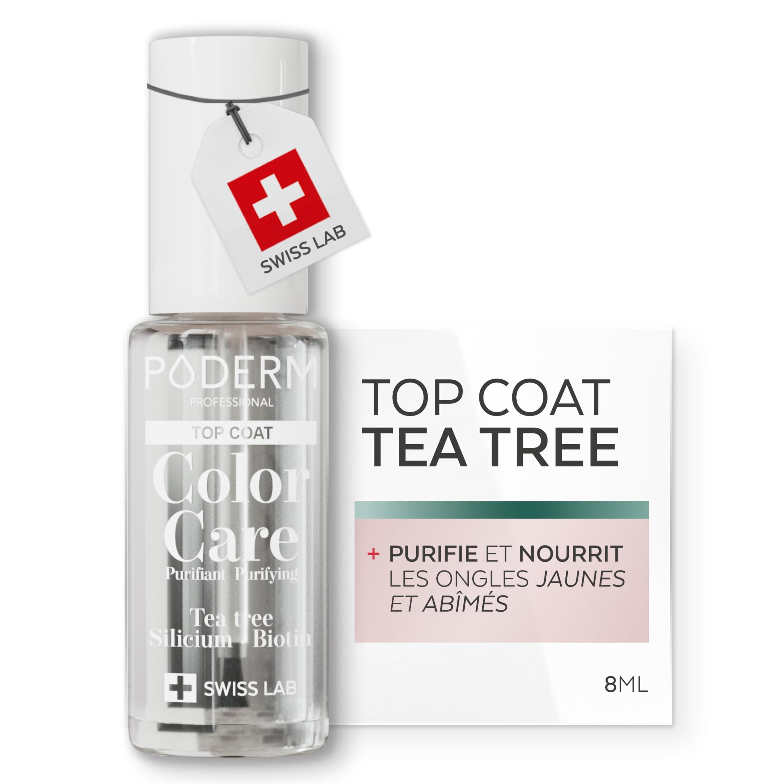 PODERM Vernis Soin au Tea Tree - Top Coat | Swiss Lab - 8ML | Enrichis en Tea Tree, Silicium & Biotine | Purifie, Clarifie & Nourrit les Ongles Jaunes et Abîmés | Créé par une Podologue