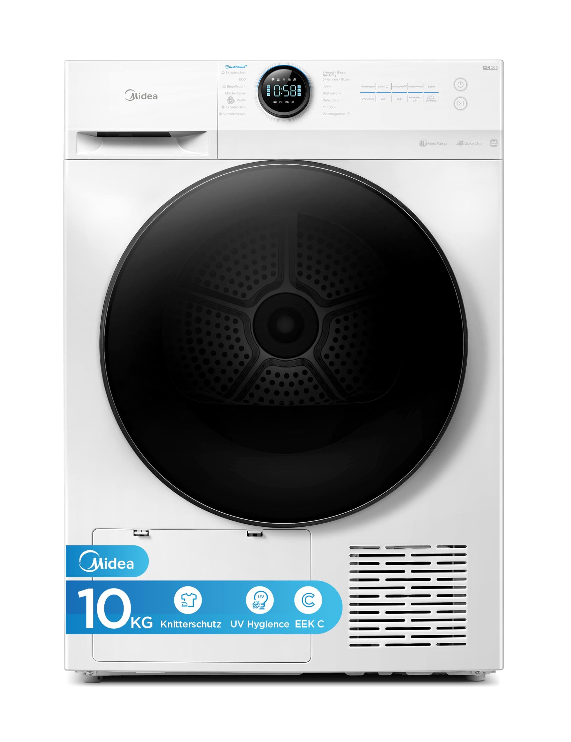 Midea MD20EH100WB-A3 Wärmepumpentrockner/ 10 kg/EEK A+++ / UV Hygience/Knitterschutz/Sanfte Pflege/Auto Dry/Wollpflege/Auffrischen/Fernsteuerung/Startzeitvorwahl/Weiß