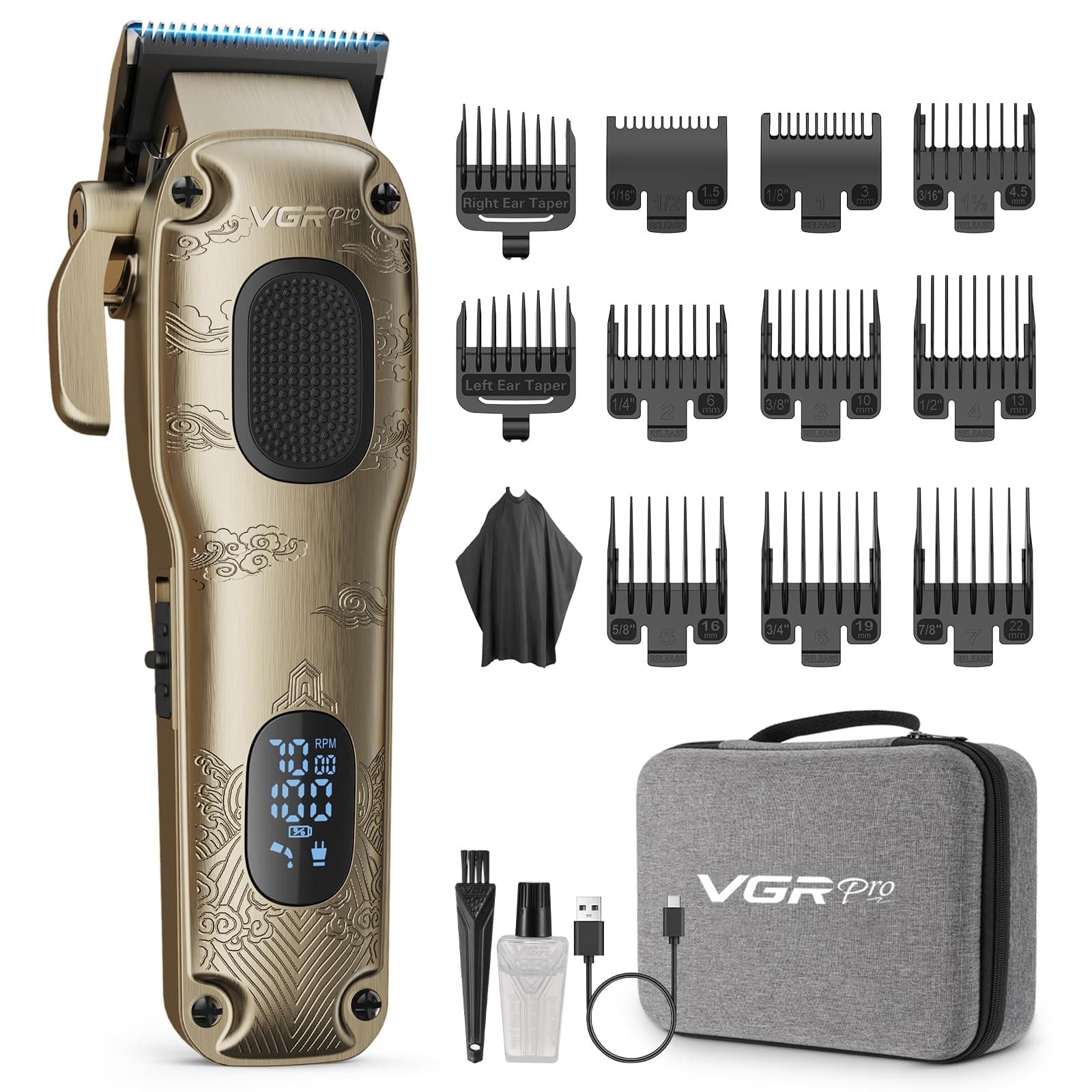 VGRPRO Máquina de Cortar Pelo Hombre Profesional, cortapelos hombre inalámbrico con estuche, kit para casa & barbería, pantalla LED, regalo hombre(dorado)