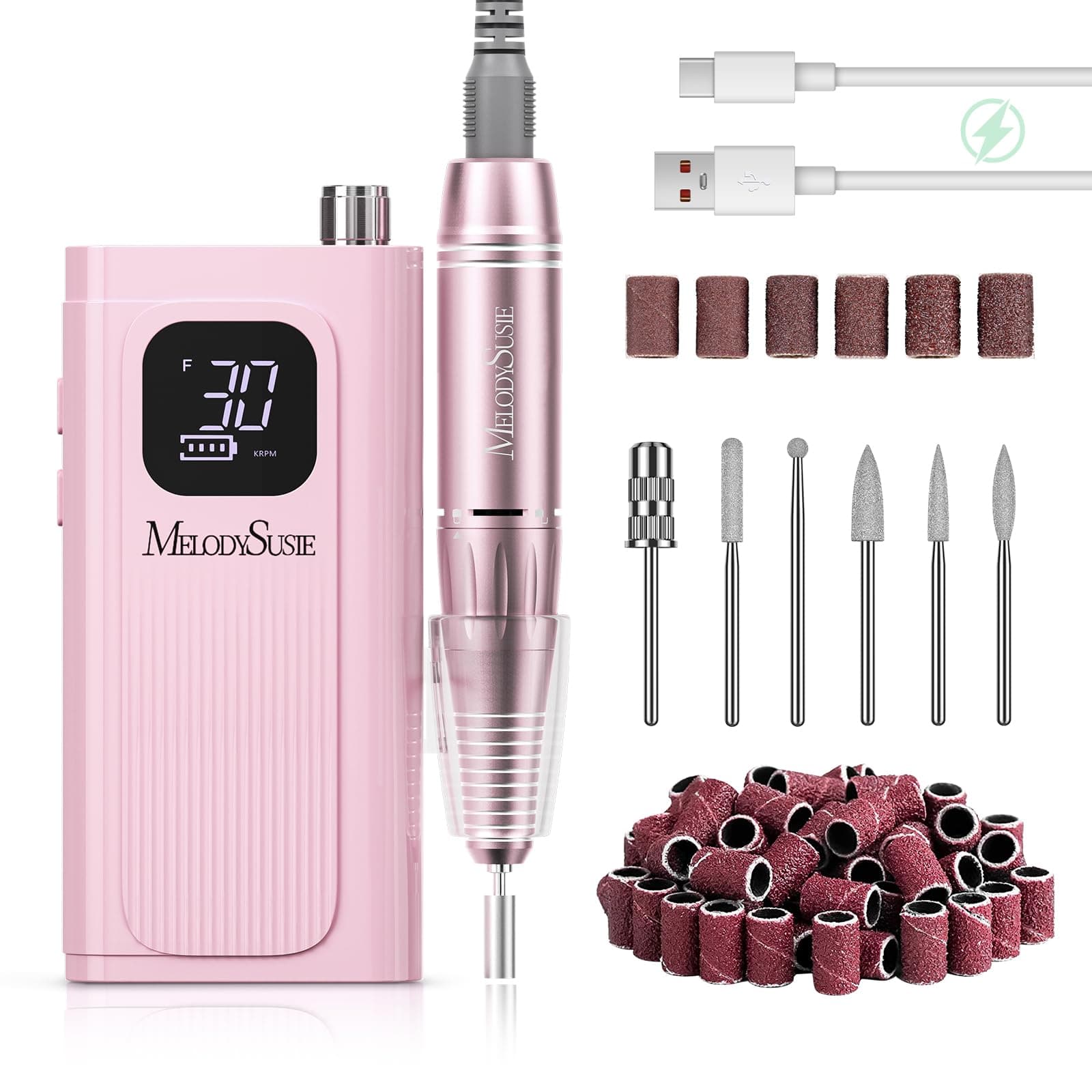 MelodySusie SC300F Professioneller Aufsteckbarer Nagelfräser, Wiederaufladbare Elektrische Nagelfeile 30000 U/min, mit LCD-Display, Verstellbarer Geschwindigkeit, für Acrylnägel Gelnägel, für Salon