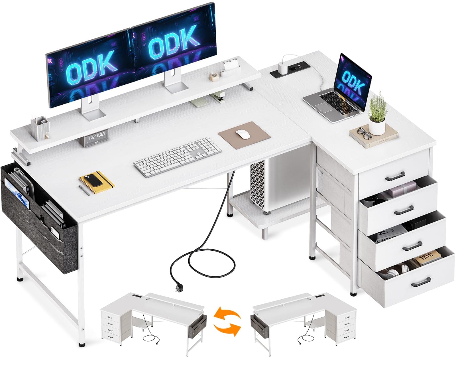 ODK Bureau d'angle avec 4 Tiroirs, 160x80cm Bureau en L avec 2 Prise de Charge USB et 2 Prise de Courant, Grand Table Informatique Réversible Table avec Rangement pour Domicile, Blanc