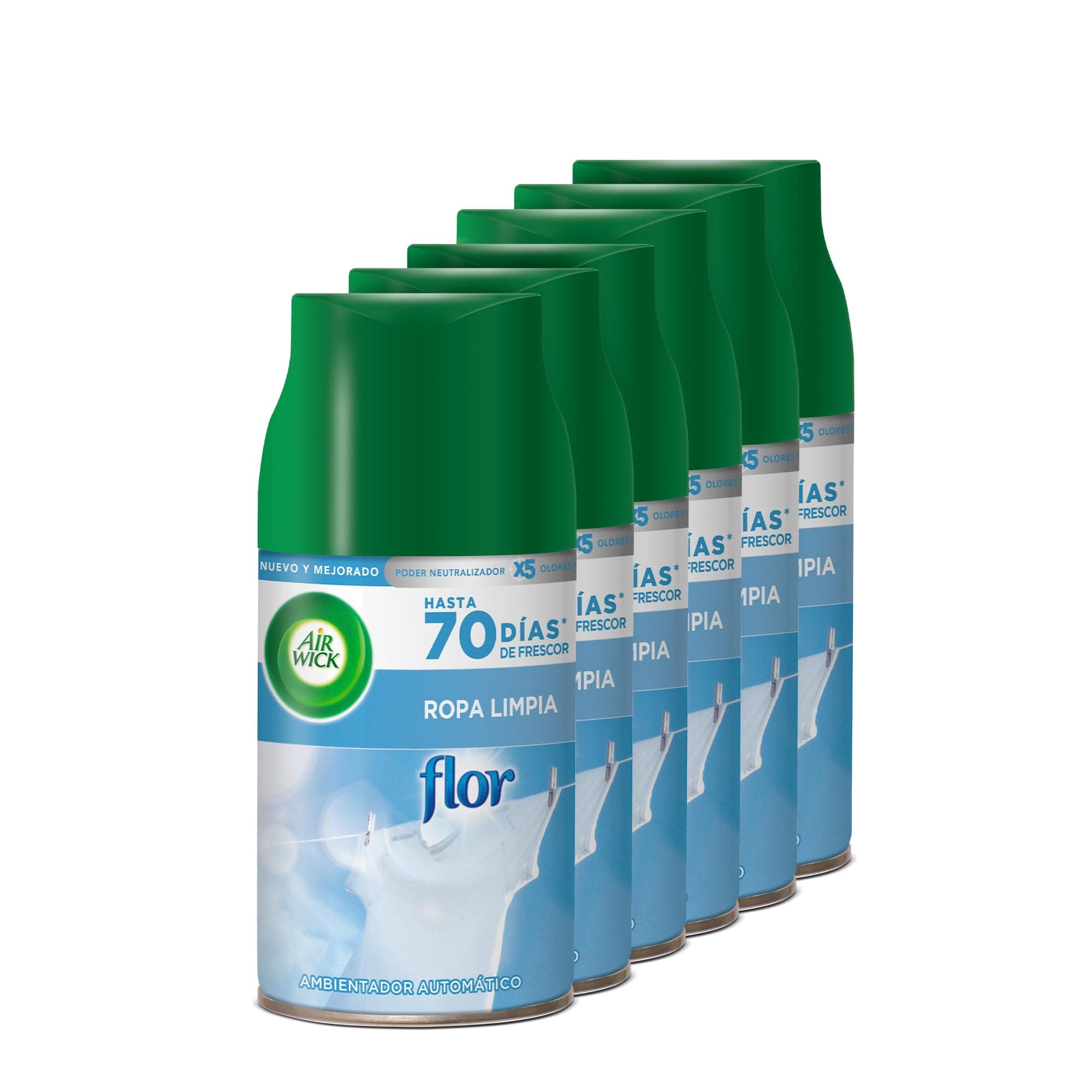 Air Wick Freshmatic - Recambios de ambientador spray automático, Esencia para casa con aroma a Flor Ropa Limpia, Azul, 250 ml (Paquete de 6)