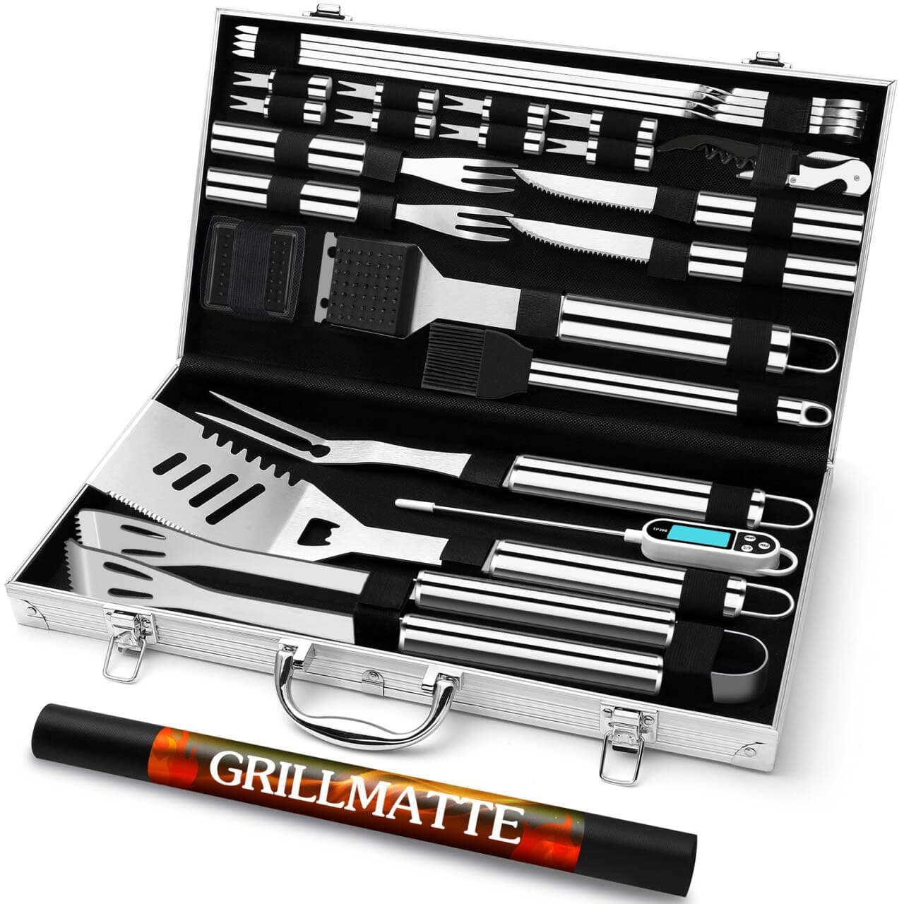 Grilliance 26pcs Kit d'accessoires pour Barbecue Professionnel, Ensemble d'ustensiles de Barbecue en Acier Inoxydable pour Cadeau Homme,Outil de Barbecue Set avec Boîtier en Aluminium argenté