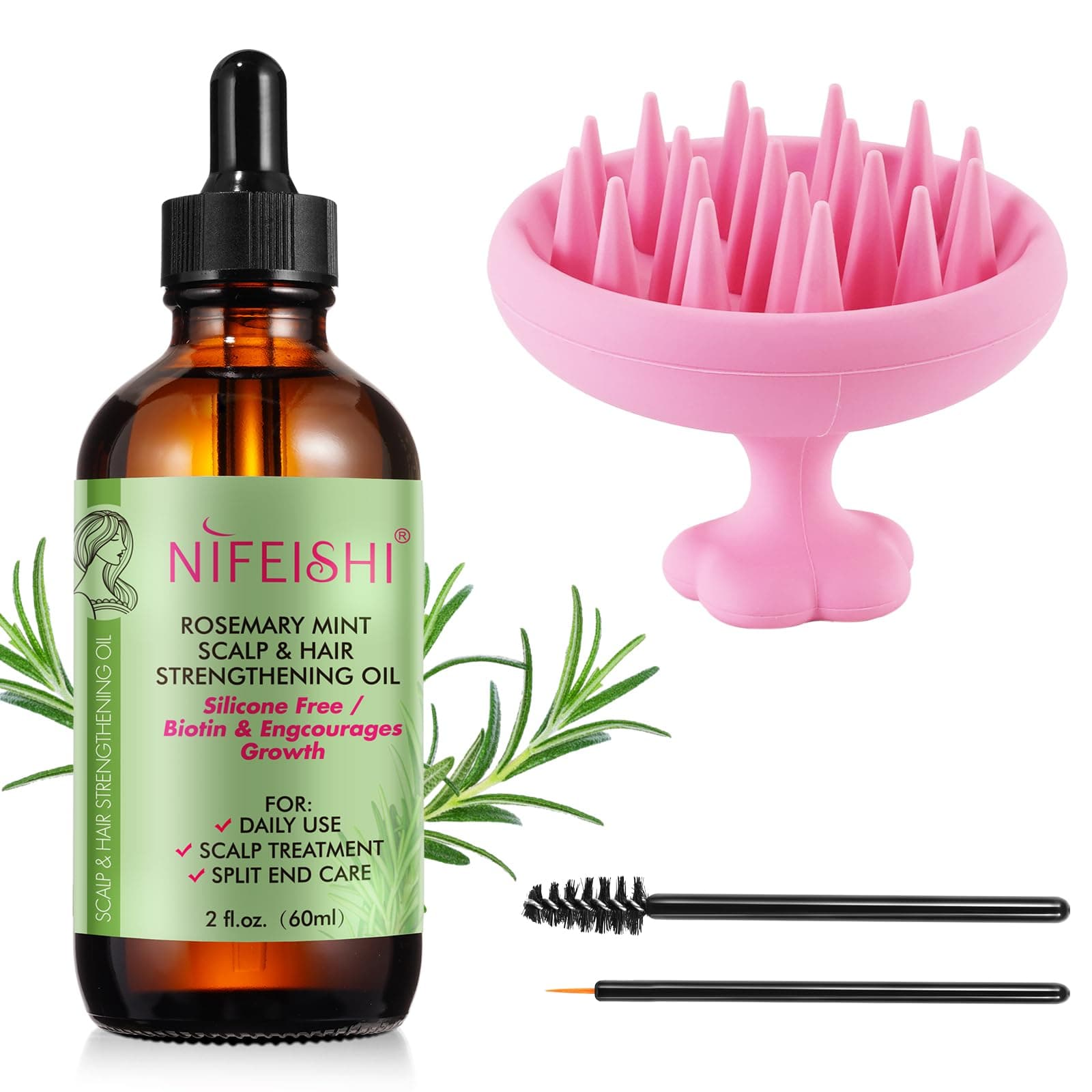 Aceite de Romero para el Cabello, 60 ml, con Masaje del Cuero Cabelludo, 100% Aceite de Romero Puro para el Crecimiento de Cejas y Pestañas, Piel Seca, Nutre el Cuero Cabelludo