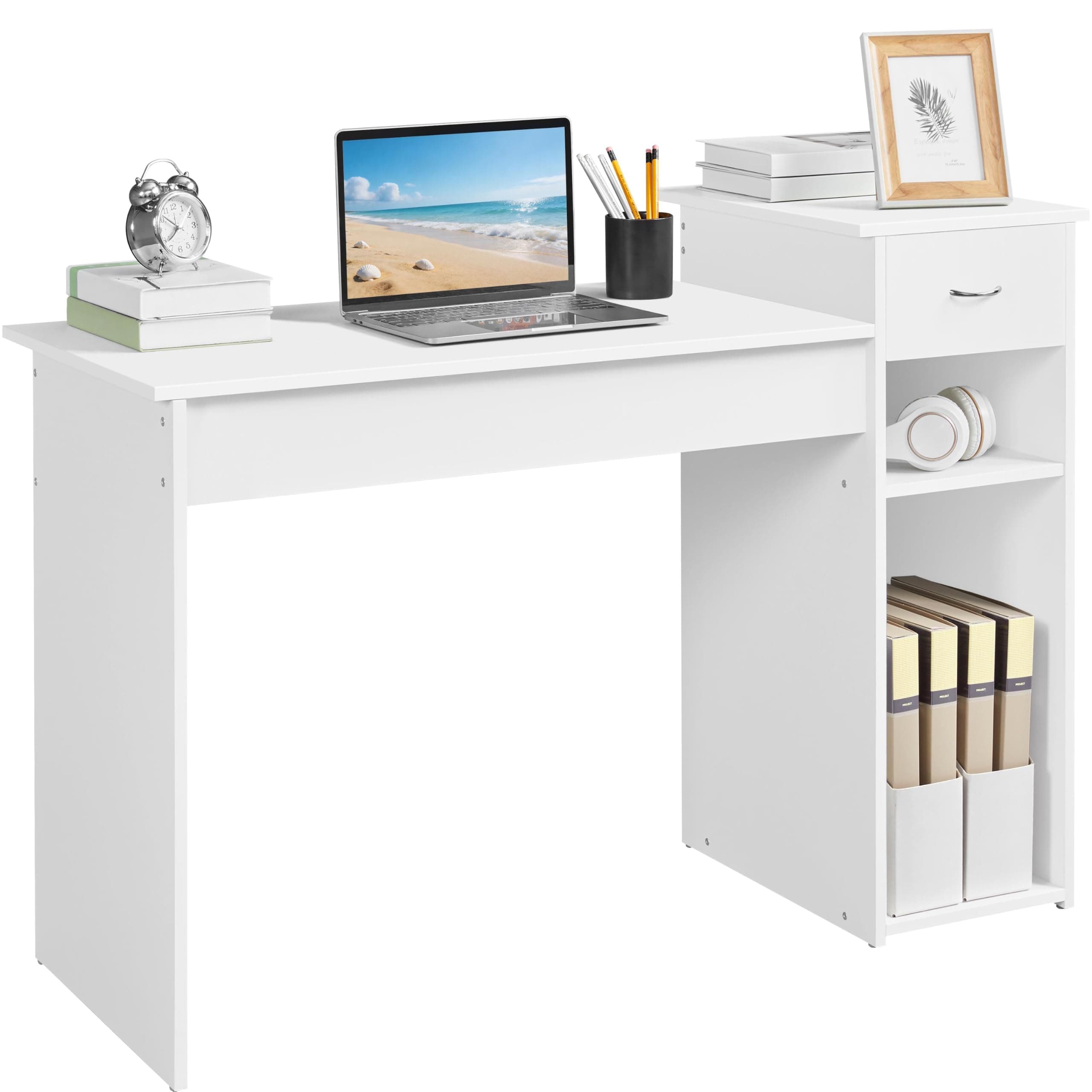 Yaheetech Mesa para Ordenador Moderna con Cajón y 2 Estantes 122x50x87 cm | Mesa Escritorio Madera con Soporte para Monitor, Mesa de Oficina para Trabajo y Juegos para Despacho, Estudio y Dormitorio