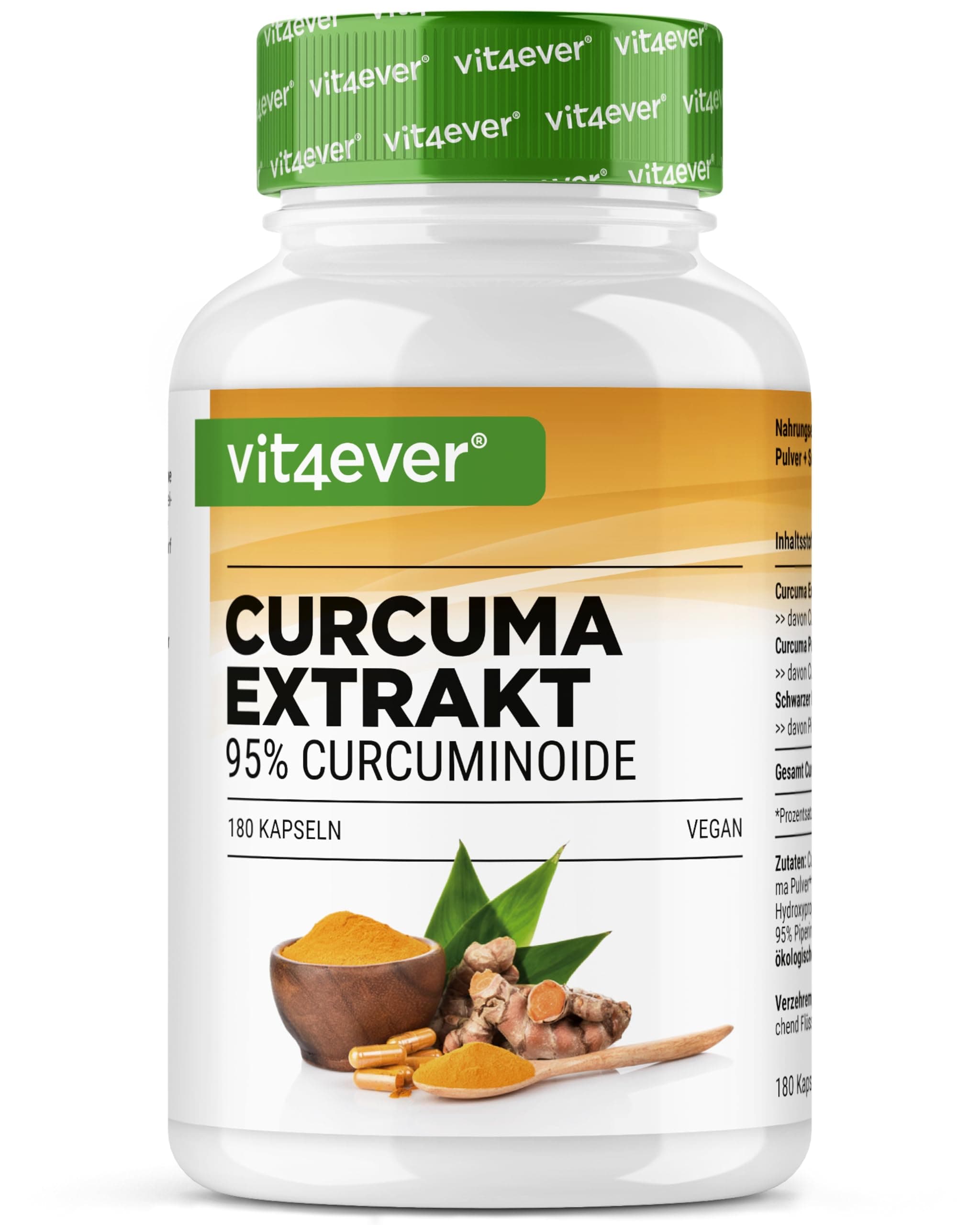 vit4ever Curcuma Extrakt hochdosiert - 180 Kapseln - 500 mg Curcumin pro Tagesportion - 95% Curcumingehalt – Hochwertiger Kurkuma Extrakt - Vegan, ohne unnötige Zusätze