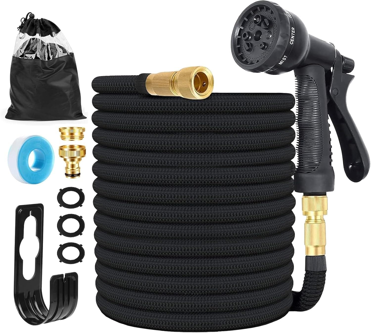 Tubo da giardino estensibile da 15M/50FT, ugello a spruzzo a 8 funzioni, tubo interno con anima in lattice migliorata Adatto per rubinetti da 1/2" e 3/4", gancio e borsa per il trasporto.