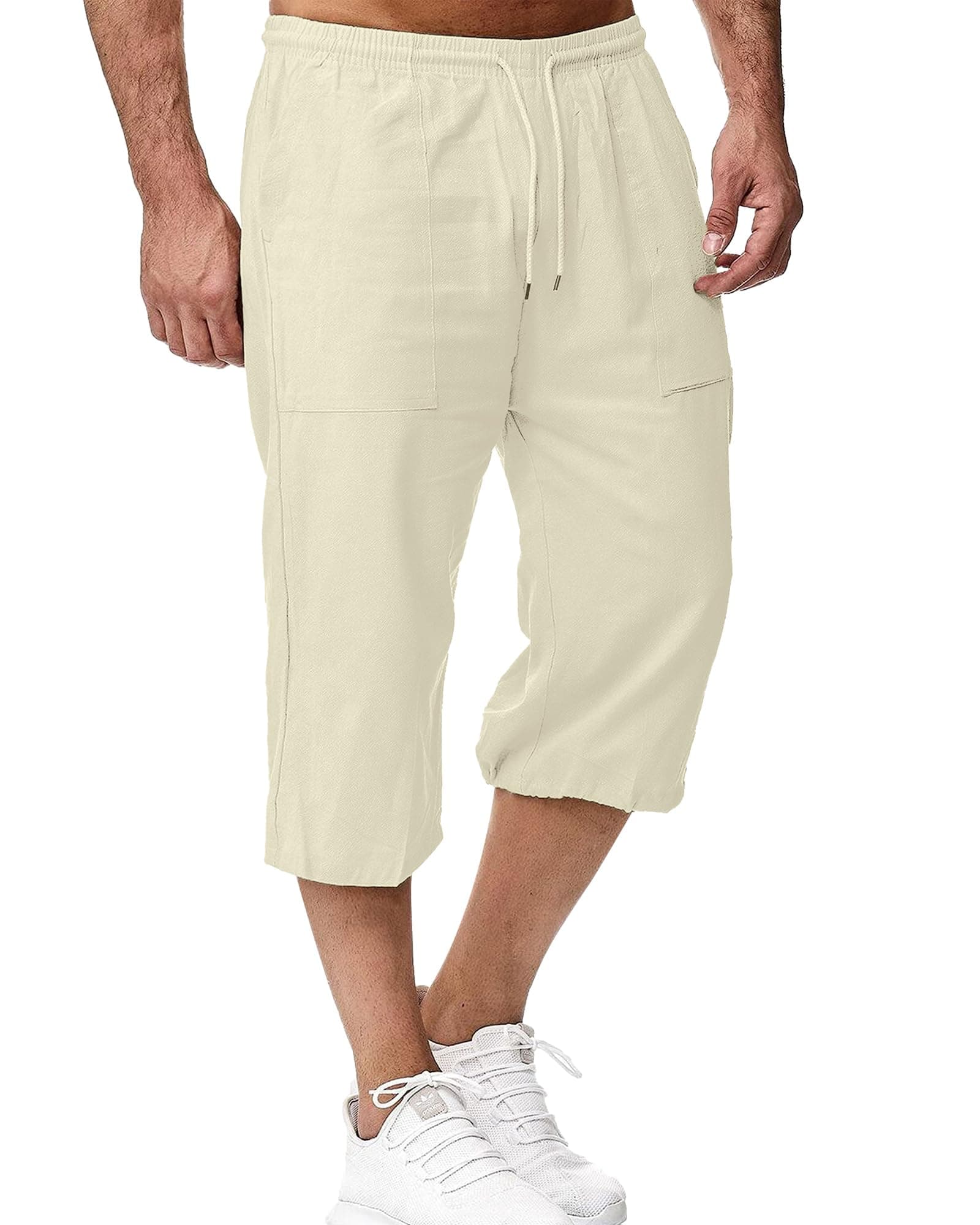LVCBL Short en Lin pour Homme, Longueur 3/4, Pantalon d'été, pour la Plage, Le Yoga, Le Jogging, Décontracté