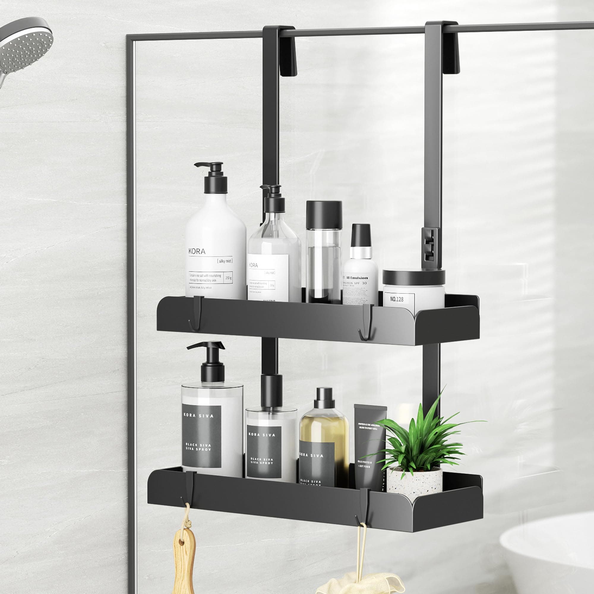 Josmimic Mensola doccia da appendere, a 2 ripiani, 55,5 cm, senza foratura, in acciaio inox, con ganci, organizer da bagno per shampoo, colore nero