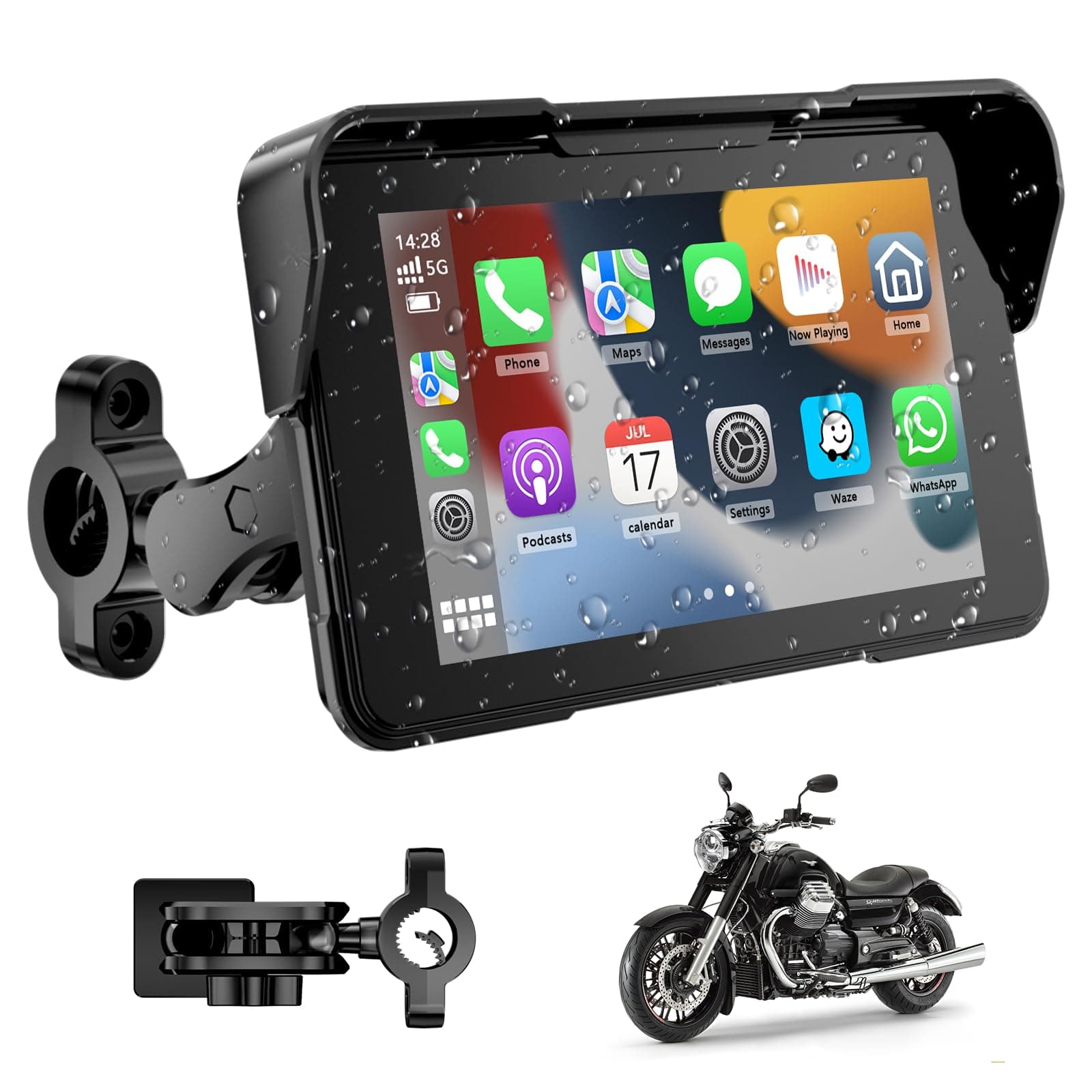 Pantalla Moto Carplay, Inalámbrico CarPlay y Android Auto, 5” Impermeable Táctil GPS Moto con Bluetooth, Navegador, Siri/G00gle Asistente, Supporto Magnetico - Fácil de Instalar y Desmontar