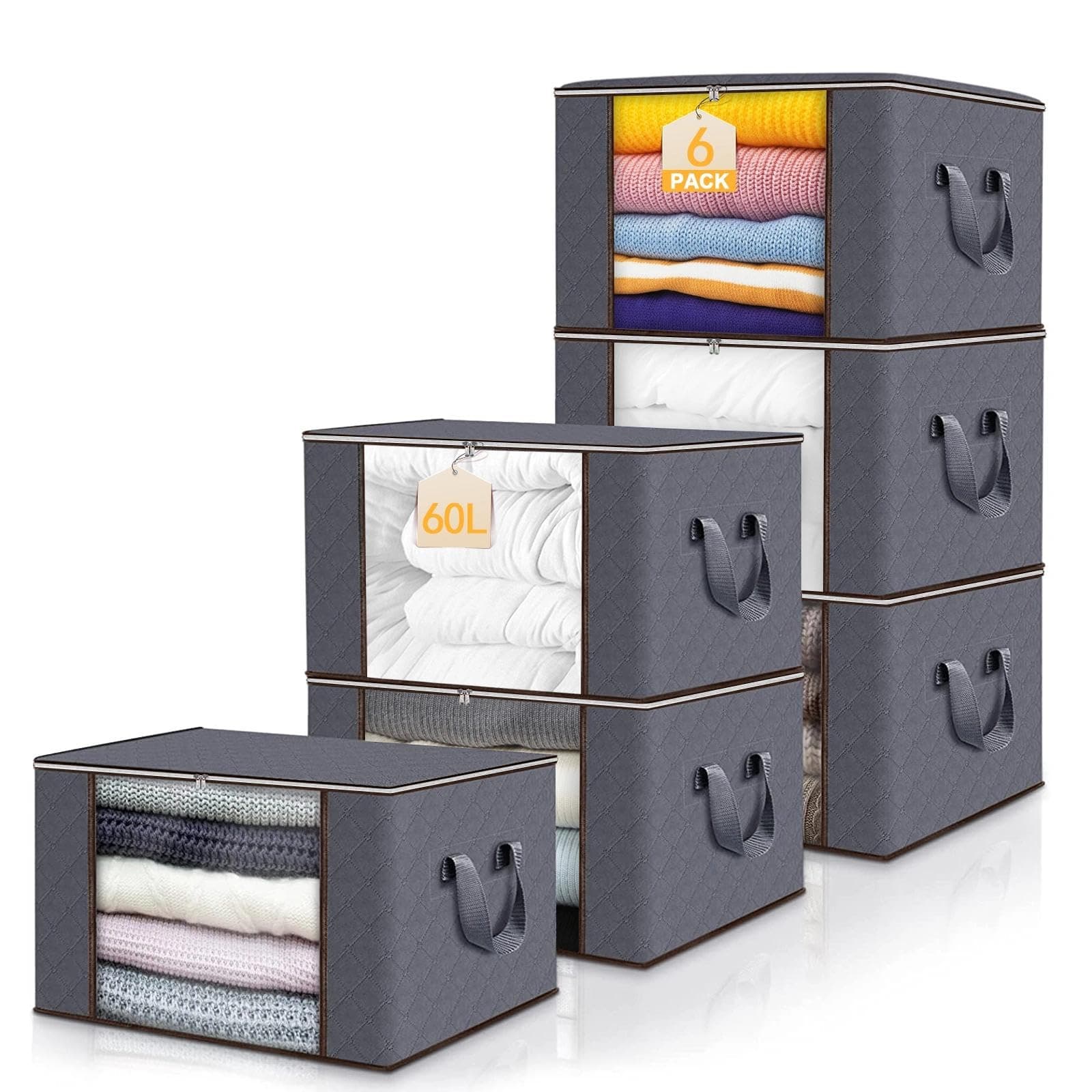 Zikenis Lot de 6 Sac Rangement Vetement, 60L Caisse Boite Rangement Déménagement Pliable, avec Poignée Renforcée, Non-Tissé Sac de Rangement Sous Lit, pour Couvertures Jouets Vêtements, Gris