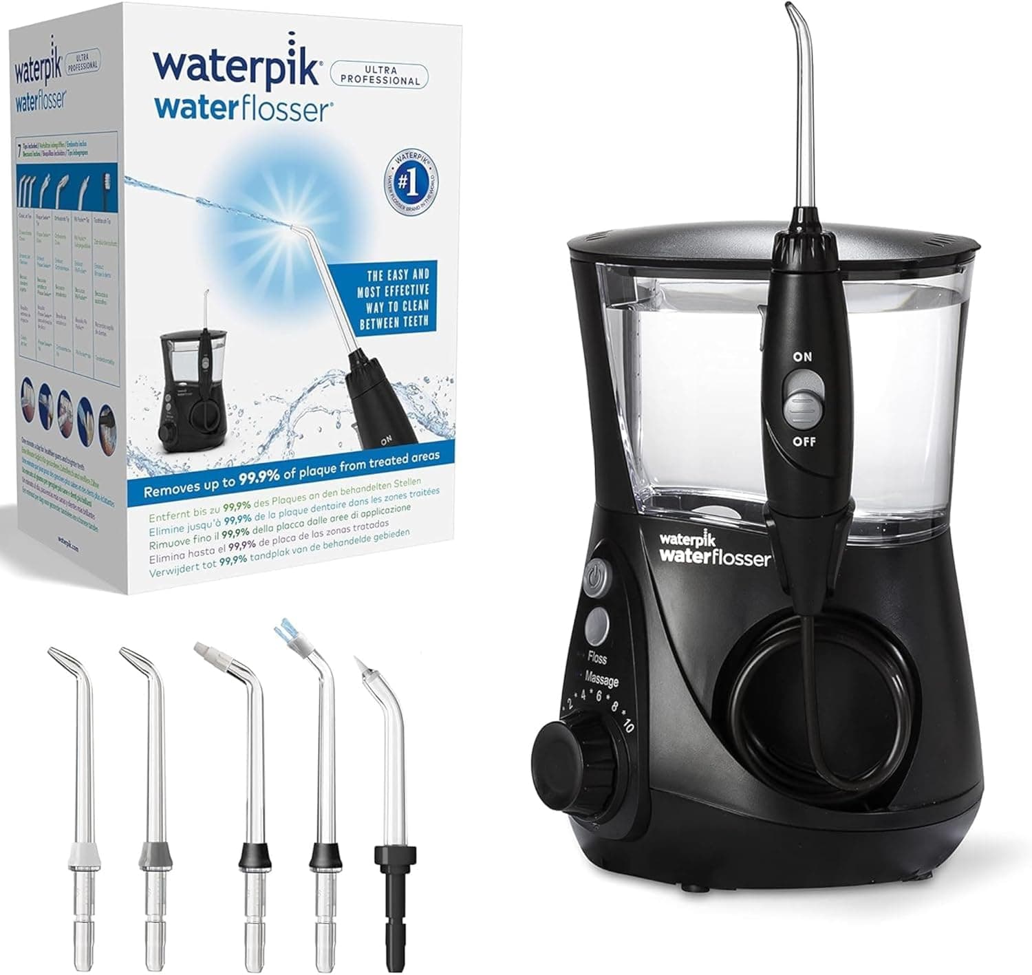 Waterpik Ultra Irrigador Dental Sobremesa Profesional con Agua a Presión y Sistema Avanzado de Control de Presión Mediante 10 Posiciones con 6 Boquillas, Eliminación de Placa Dental, Negro (WP-662EU)