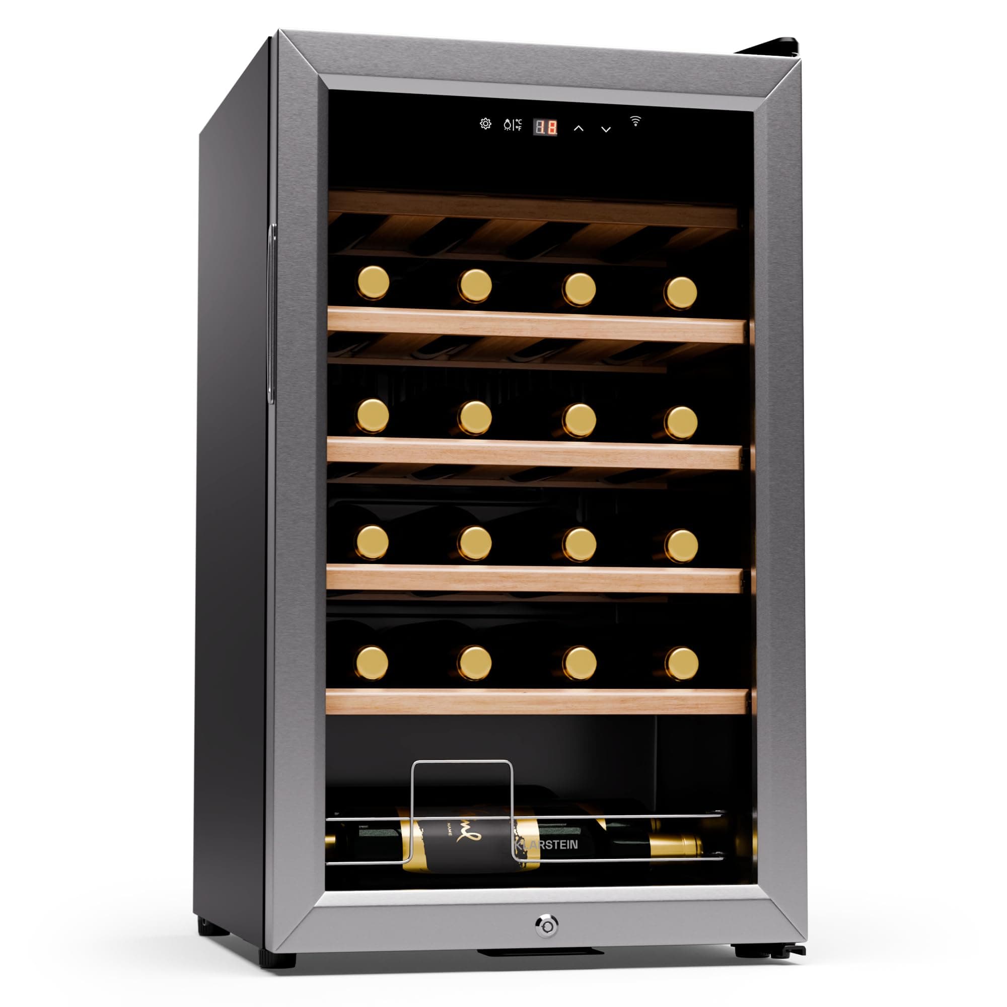 KLARSTEIN Vinoteca para Vinos, Nevera Vino Zona Doble, Botellas Vino, Proseco y Cervezas 5-18°C, Vinoteca Pequeña Puerta Cristal para Interior y Exterior, Nevera para Vinos Capacidad 24 Botellas