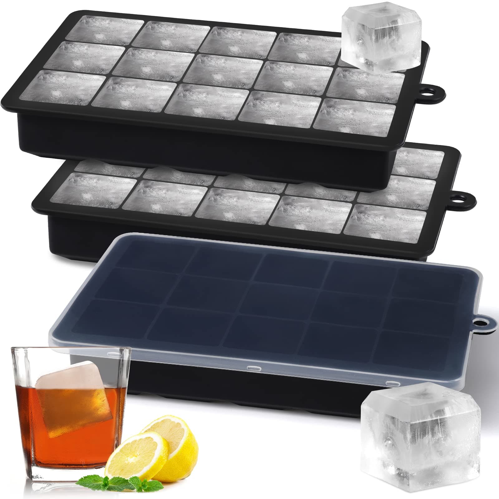 Bac à Glaçons à 15 Compartiments, Lot de 3 Bacs à gros glaçons en Silicone avec Couvercle,Grand Moule Glacon Silicone Empilable,bac congelation puree bebe,sans BPA, pour boissons réfrigérées et whisky