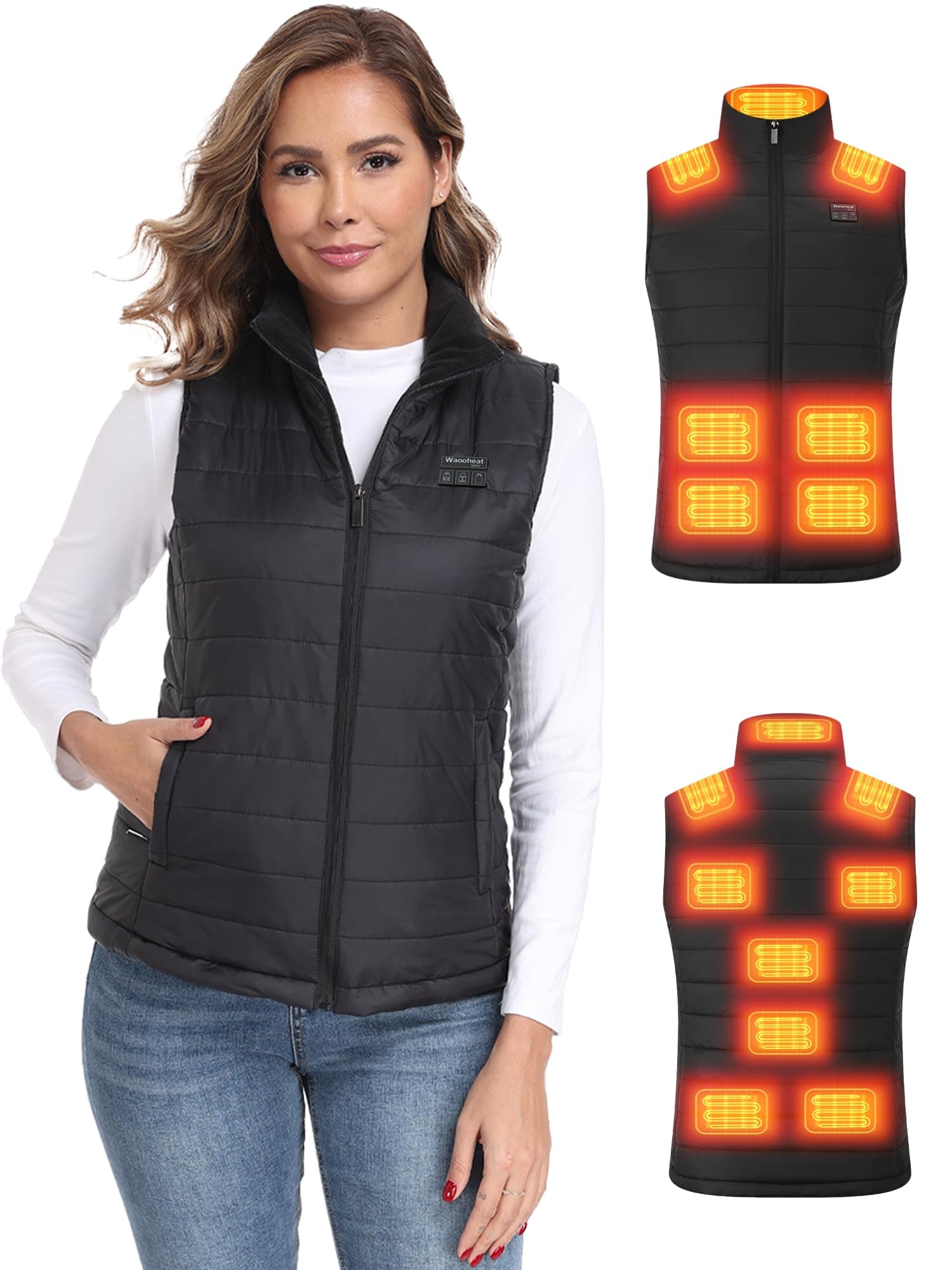 Vanvanjek Gilet Chauffant Femme avec 15 Zones de Chauffage, Veste Chauffante Femme et Doudoune Chauffante pour Randonnée, Ski, Cyclisme et Travail en Extérieur (Powerbank non incluse)
