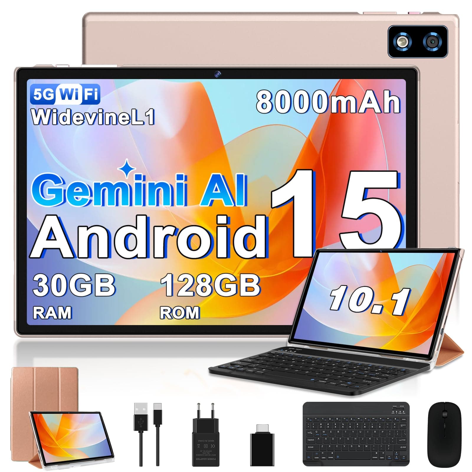 BIEGEDY Tablet 10 Pulgadas Android 15, 30GB RAM + 128GB ROM (Expansible hasta 2TB), Octa-Core 2.0GHz, 8000mAh, GMS, Widevine L1, 5G WiFi 6 & BT 5.0, Tablet con Teclado y Ratón, Color Oro