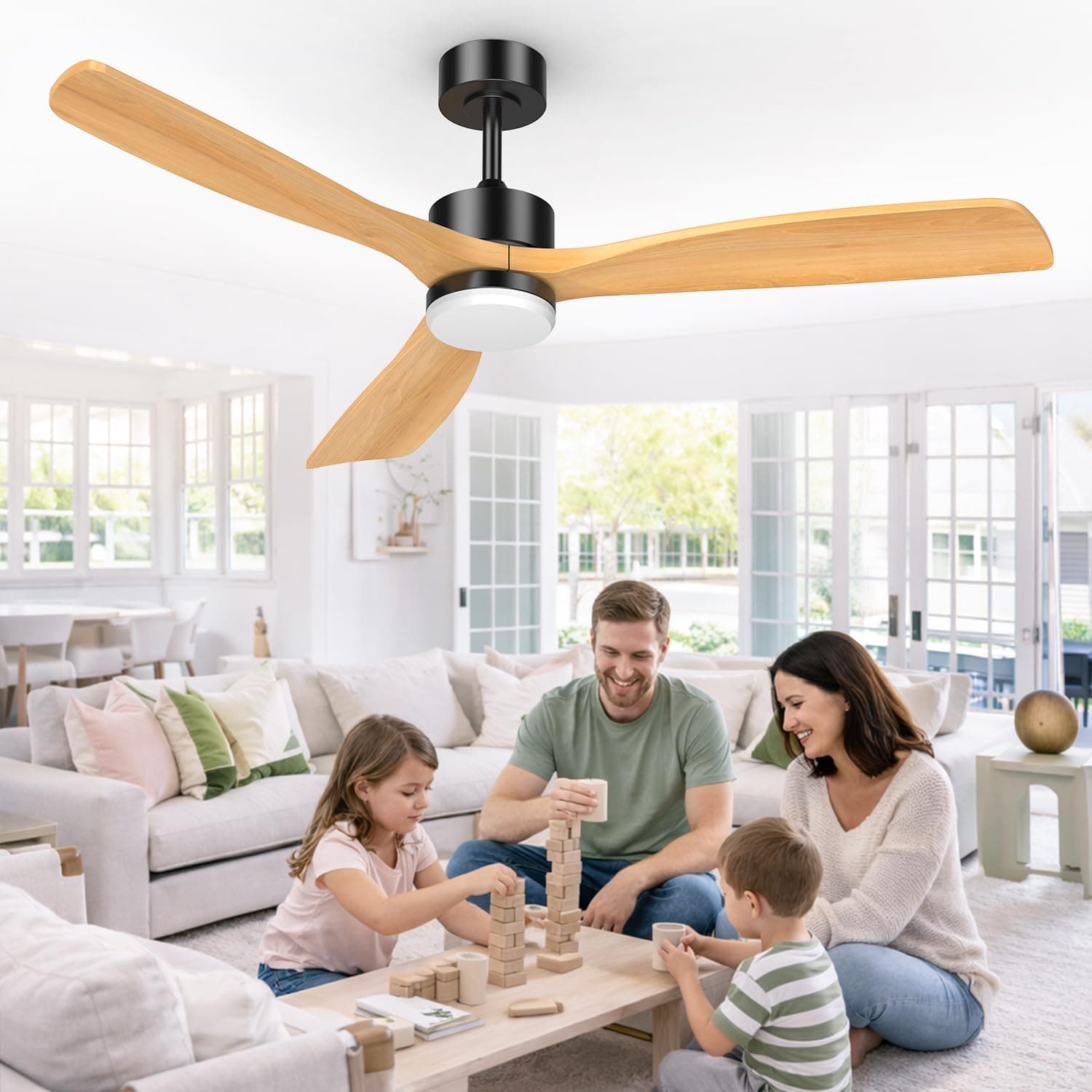 Airwit 152cm Ventilateur Plafond Grand avec Pales en Bois Massif, Ventilateur Plafond avec Lumiere LED Réglable et Télécommande, Moteur DC Silencieux et Réversible pour Salon, Terrasse, Extérieur