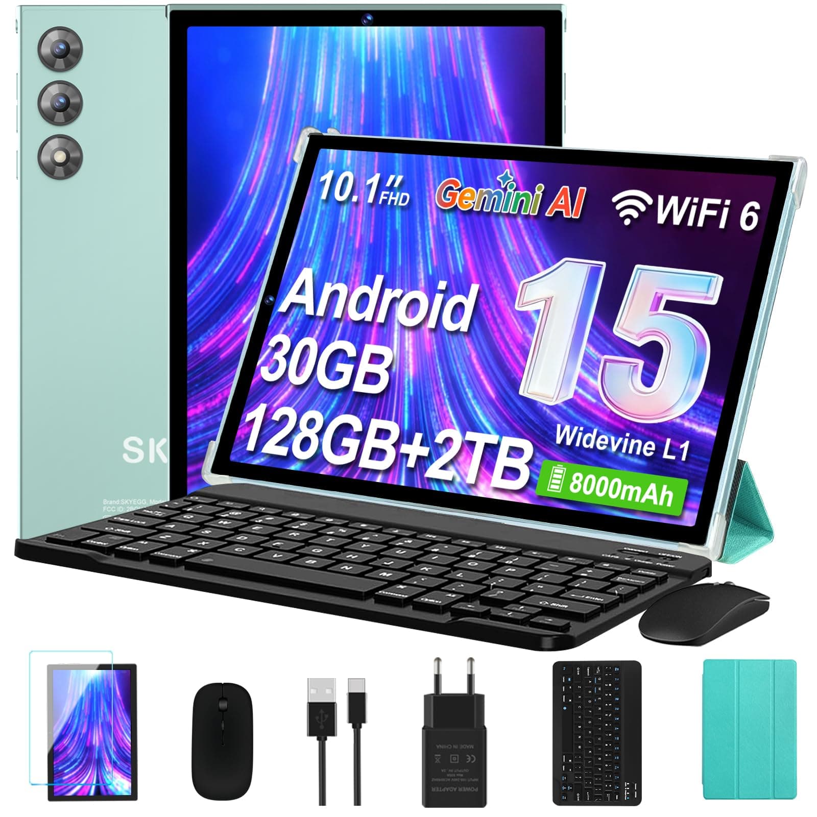 Tablet 10 Pulgadas Android 15 con Gemini AI, 30GB RAM + 128GB ROM Ampliable 2TB, Octa-Core, WiFi 6, Widevine L1, Batería 8000mAh, Cámara 8/5 MP, Teclado, Ratón y Funda, Cuerpo Metálico - Verde Claro