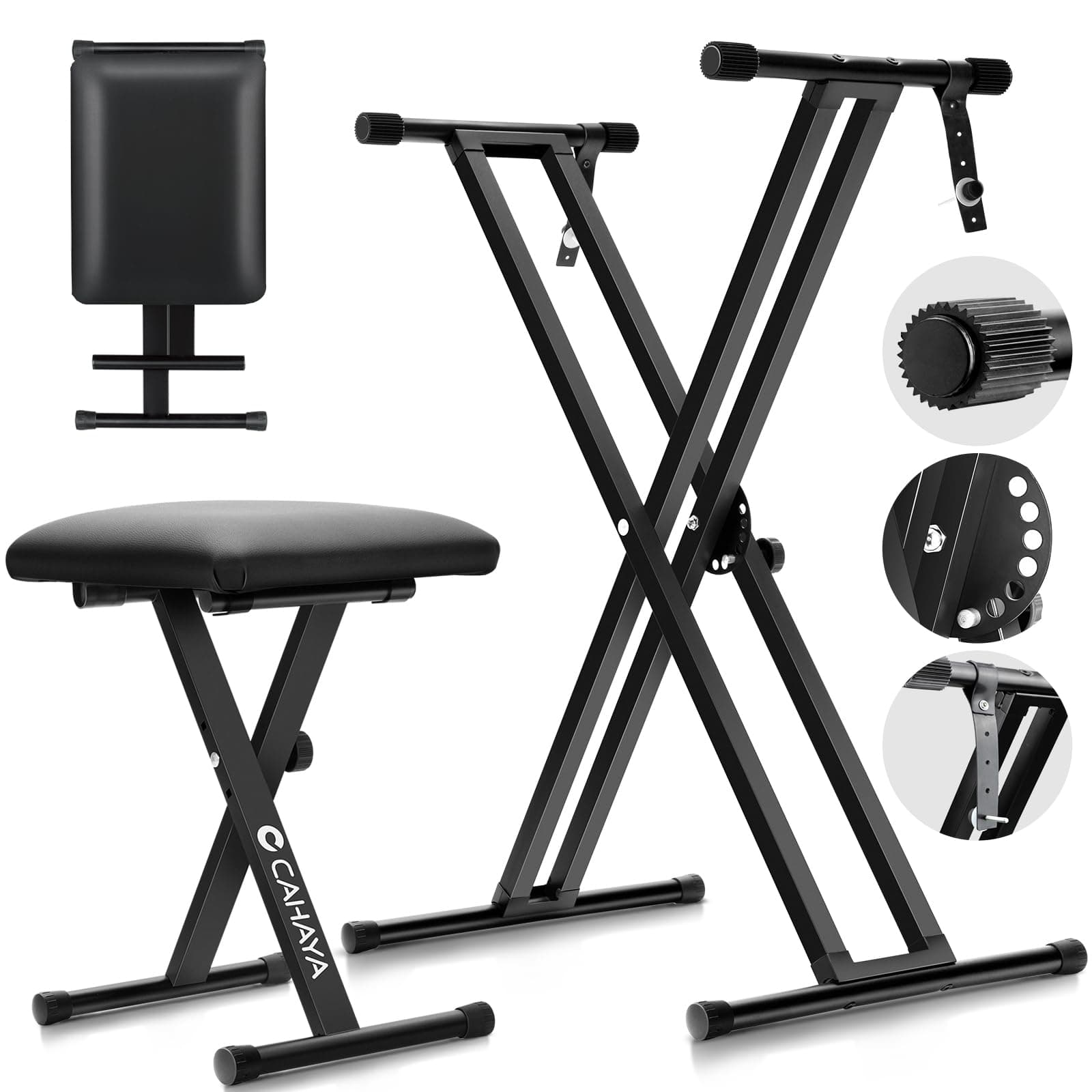 CAHAYA Taburete y Soporte para Teclado de Piano - Soporte Doble en Forma de X Ajustable en Altura Negro Adecuado para 61>88 Teclas