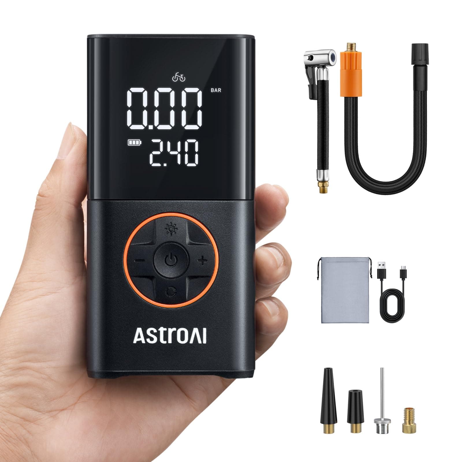 AstroAI Kabellose Elektrische Luftpumpe, Tragbare Akku Fahrradpumpe mit alle ventile, LED-Licht, Wiederaufladbare Reifenpumpe für Fahrrad, E-Bike, Auto, Motorrad, Bälle, Schwarz